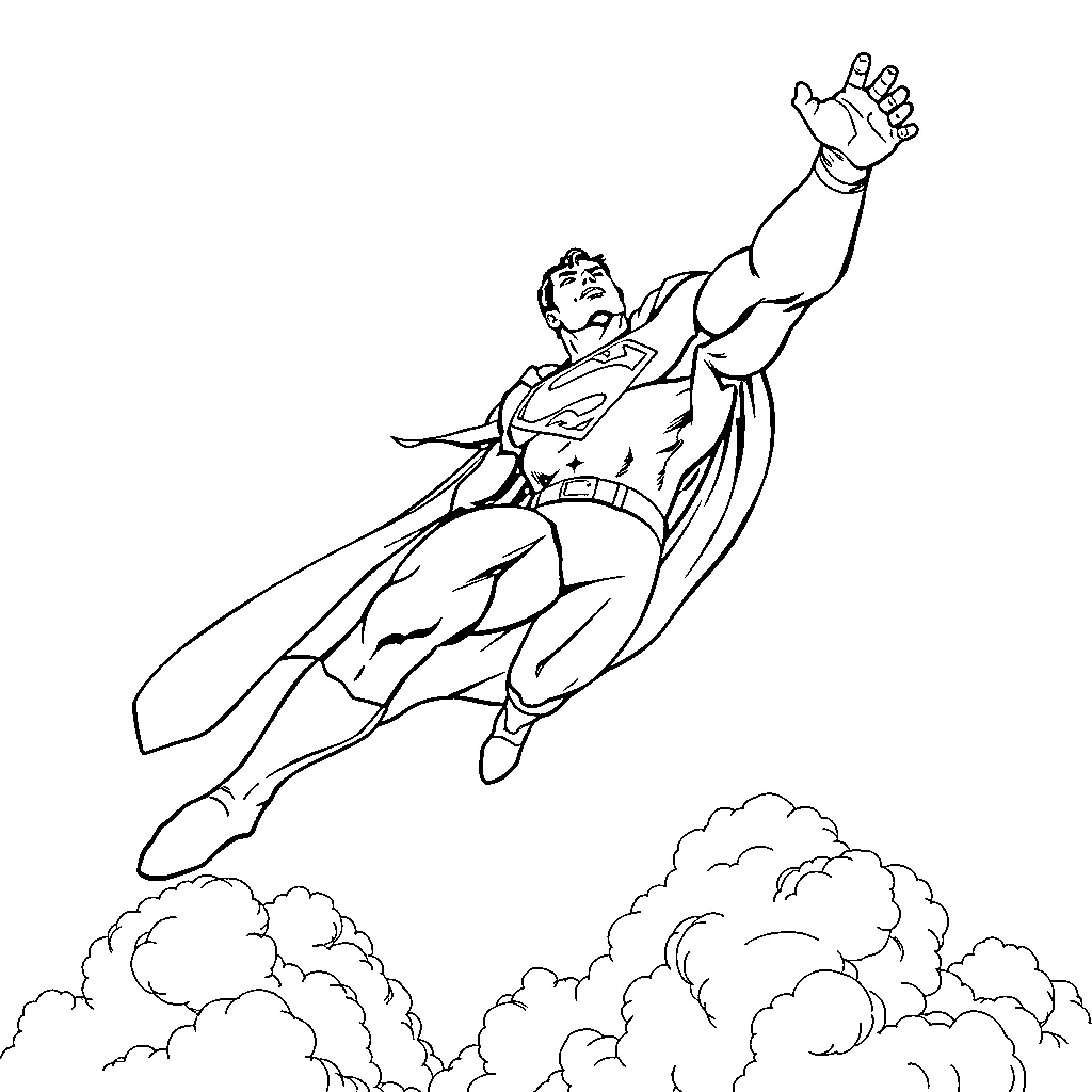 Superman soaring heroically through the skies Coloring Page (free black-and-white line drawing printable PDF for all, from beginners to advanced learners, including children, teens, adults, and seniors)