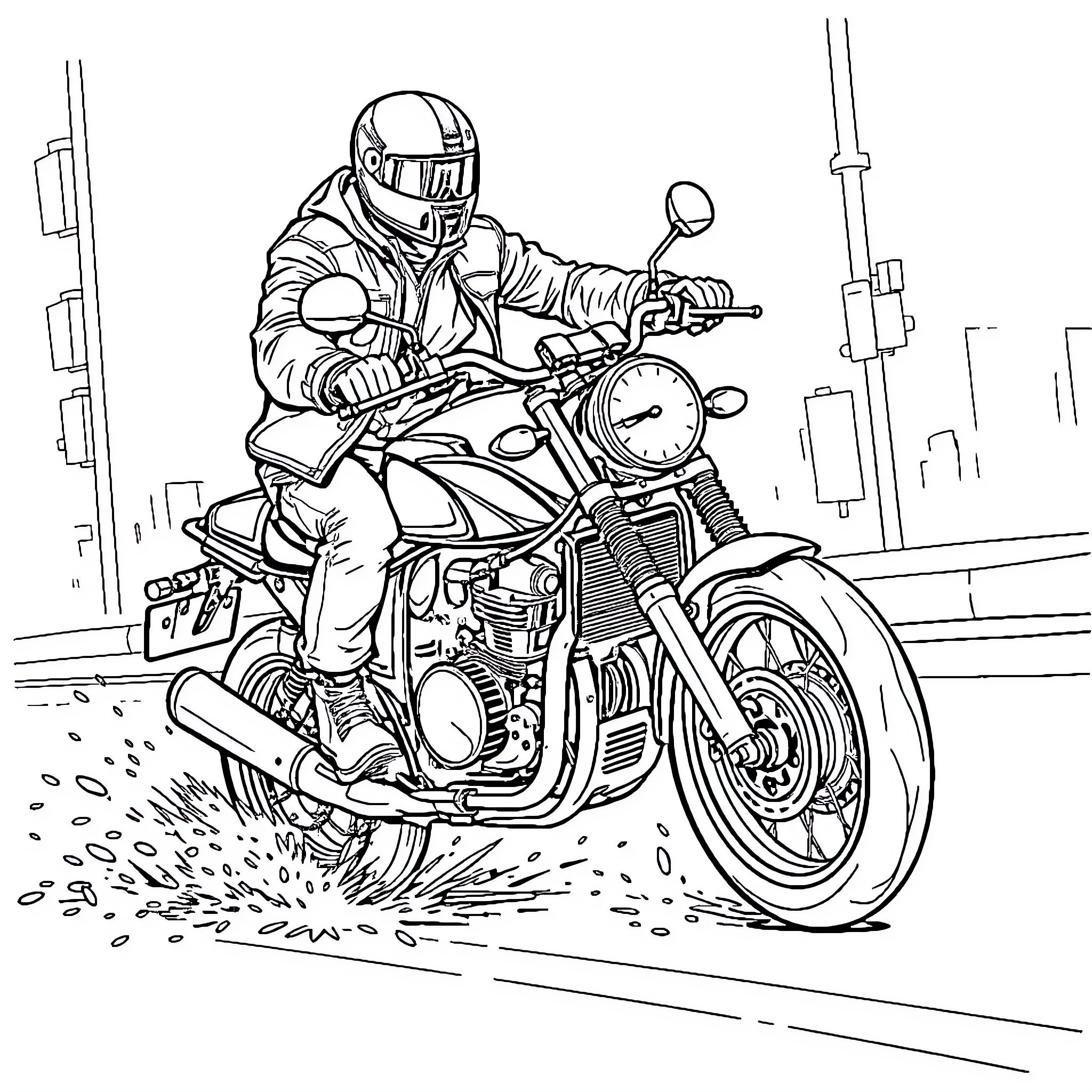 Ewan McGregor riding powerful motorcycle in urban setting Coloring Page (free black-and-white line drawing printable PDF for all, from beginners to advanced learners, including children, teens, adults, and seniors)