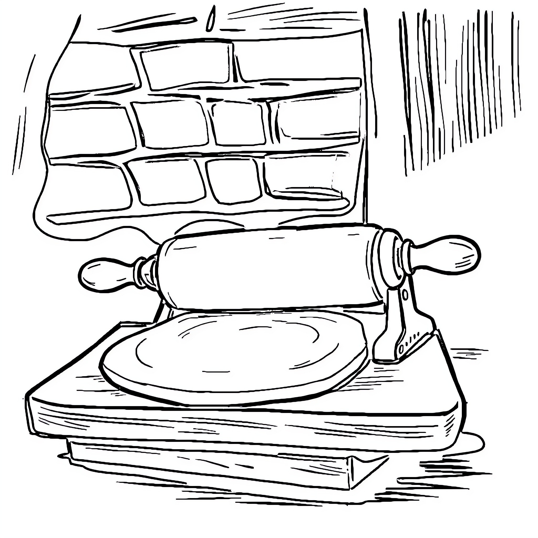 Rolling Machine for Dough Preparation Coloring Page (free black-and-white line drawing printable PDF for all, from beginners to advanced learners, including children, teens, adults, and seniors)