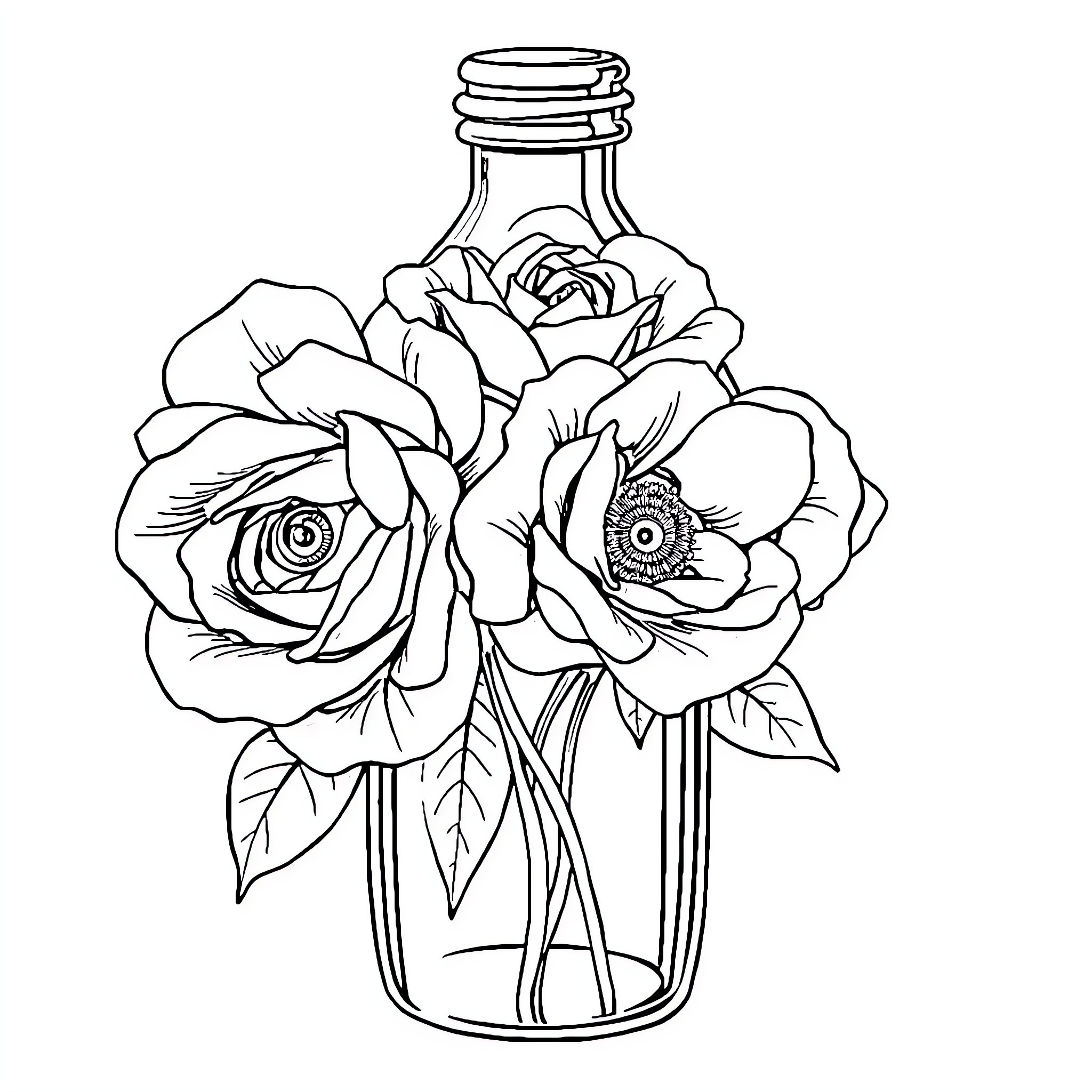 Rosa's Floral Masterpiece in a Bottle Coloring Page (free black-and-white line drawing printable PDF for all, from beginners to advanced learners, including children, teens, adults, and seniors)