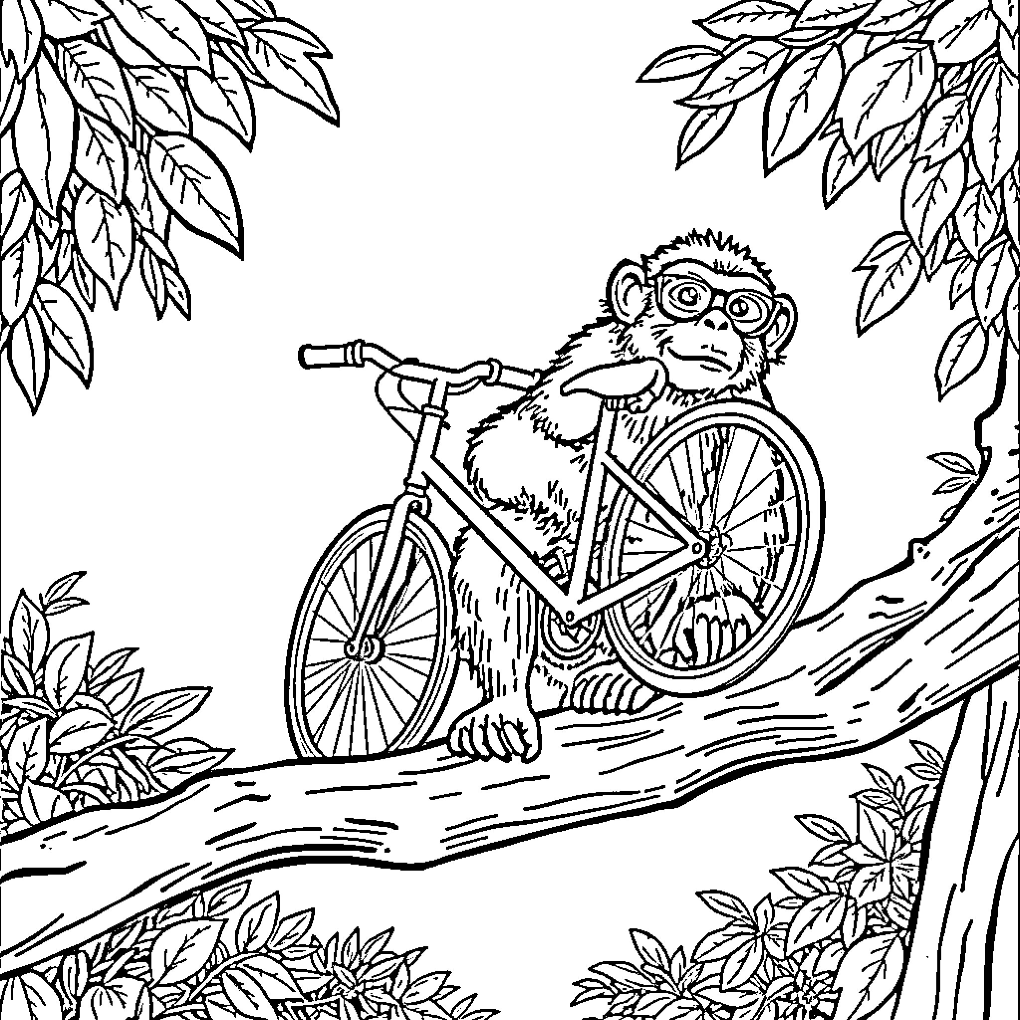 Bicycle-riding monkey in the forest Coloring Page (free black-and-white line drawing printable PDF for all, from beginners to advanced learners, including children, teens, adults, and seniors)