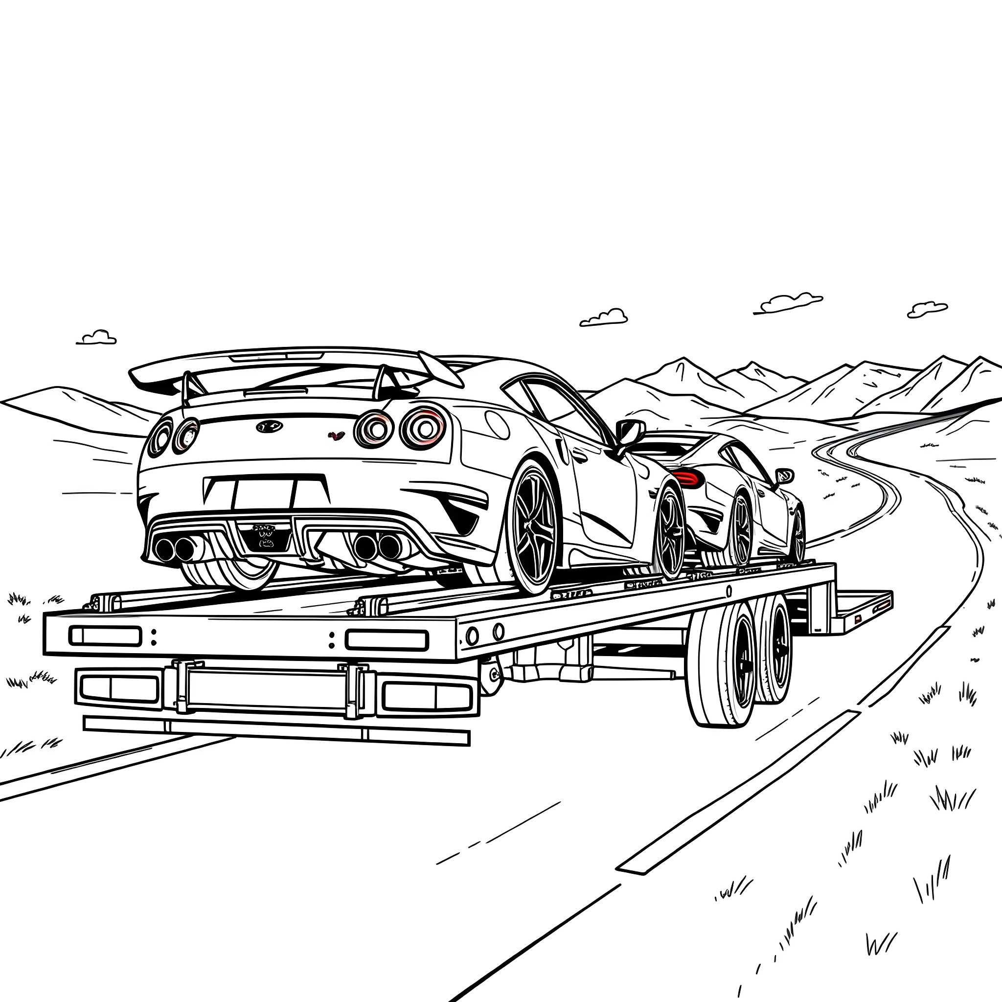 Car Hauler transporting high-powered sports car on winding mountain road Coloring Page (free black-and-white line drawing printable PDF for all, from beginners to advanced learners, including children, teens, adults, and seniors)