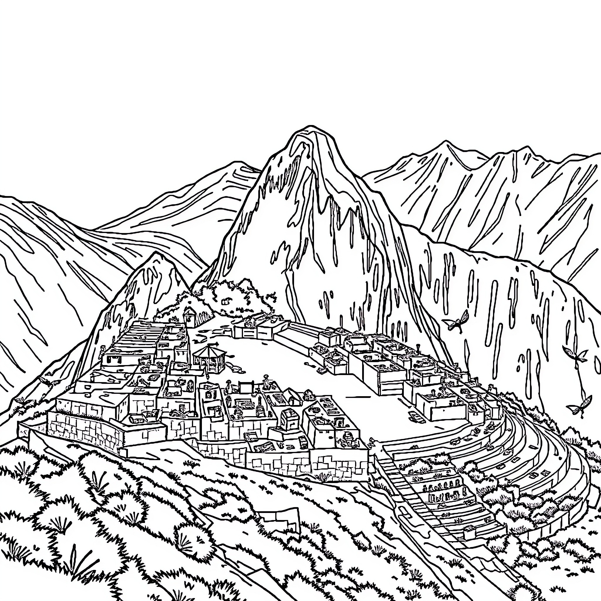 Machu Picchu surrounded by majestic mountains Coloring Page (free black-and-white line drawing printable PDF for all, from beginners to advanced learners, including children, teens, adults, and seniors)