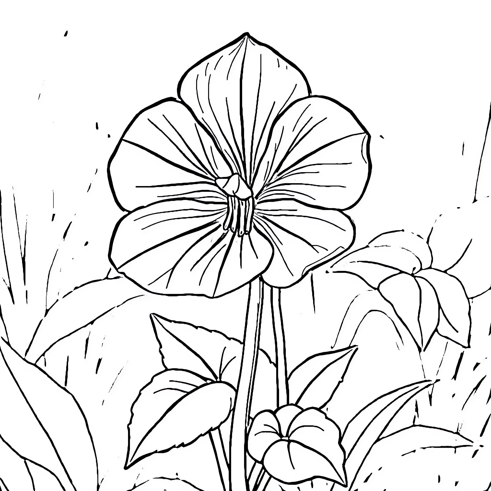 Wing Flower Blooming in Lush Foliage Coloring Page (free black-and-white line drawing printable PDF for all, from beginners to advanced learners, including children, teens, adults, and seniors)