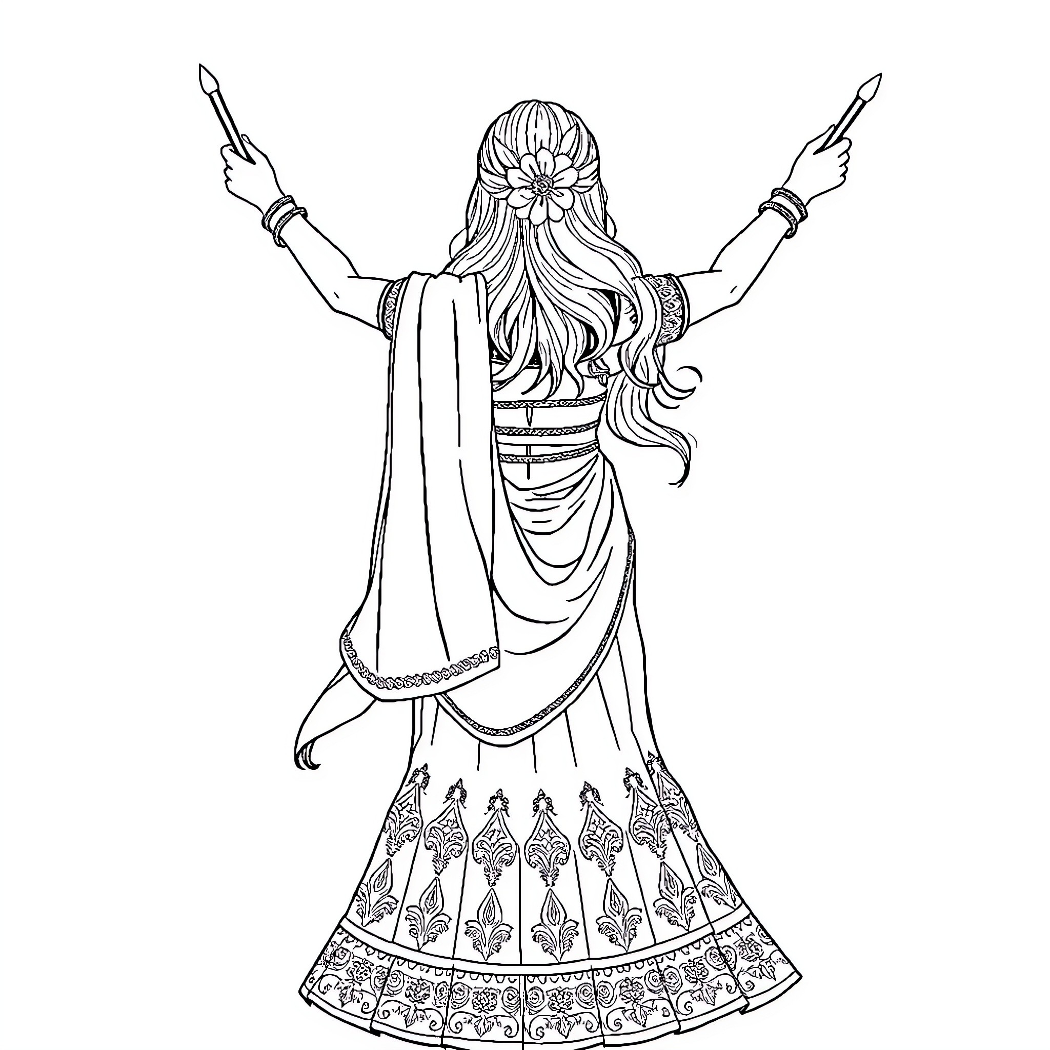 Woman in elegant dress with flowing hair Coloring Page (free black-and-white line drawing printable PDF for all, from beginners to advanced learners, including children, teens, adults, and seniors)