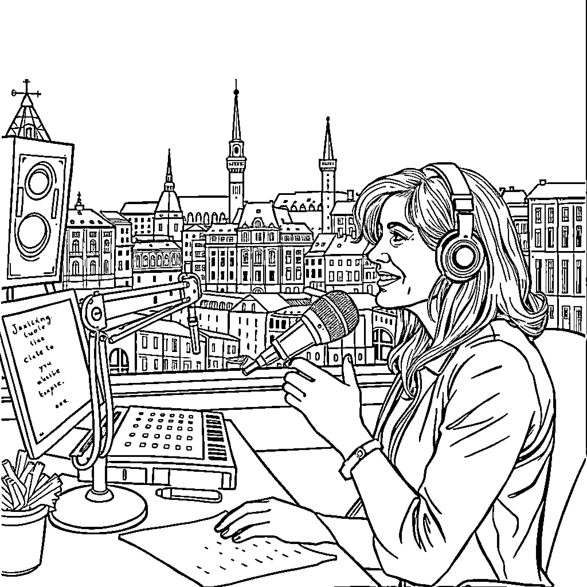 Sandra Cohen working intently at a computer in a city skyline Coloring Page (free black-and-white line drawing printable PDF for all, from beginners to advanced learners, including children, teens, adults, and seniors)