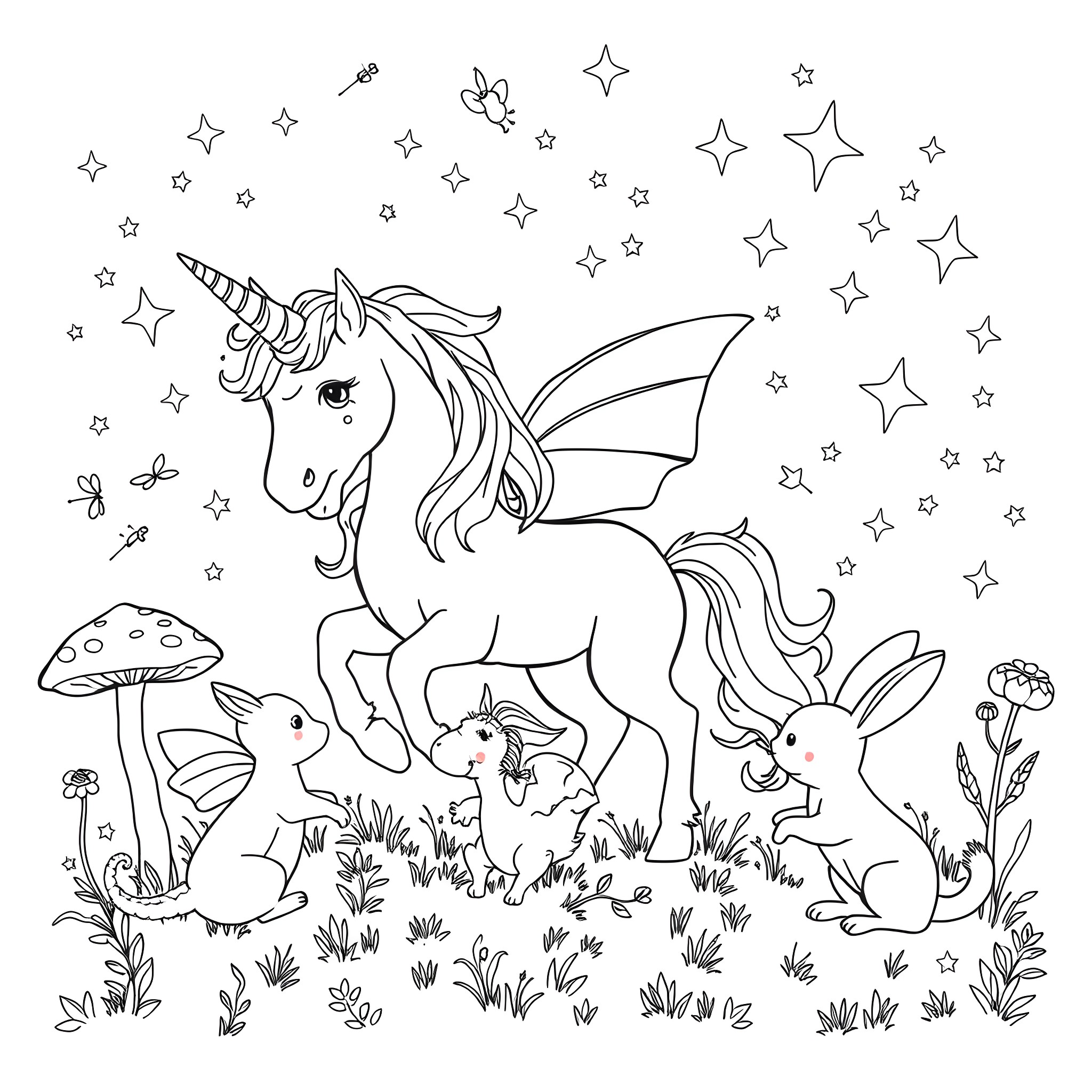 Unicorn surrounded by whimsical creatures and sparkling stars Coloring Page (free black-and-white line drawing printable PDF for all, from beginners to advanced learners, including children, teens, adults, and seniors)