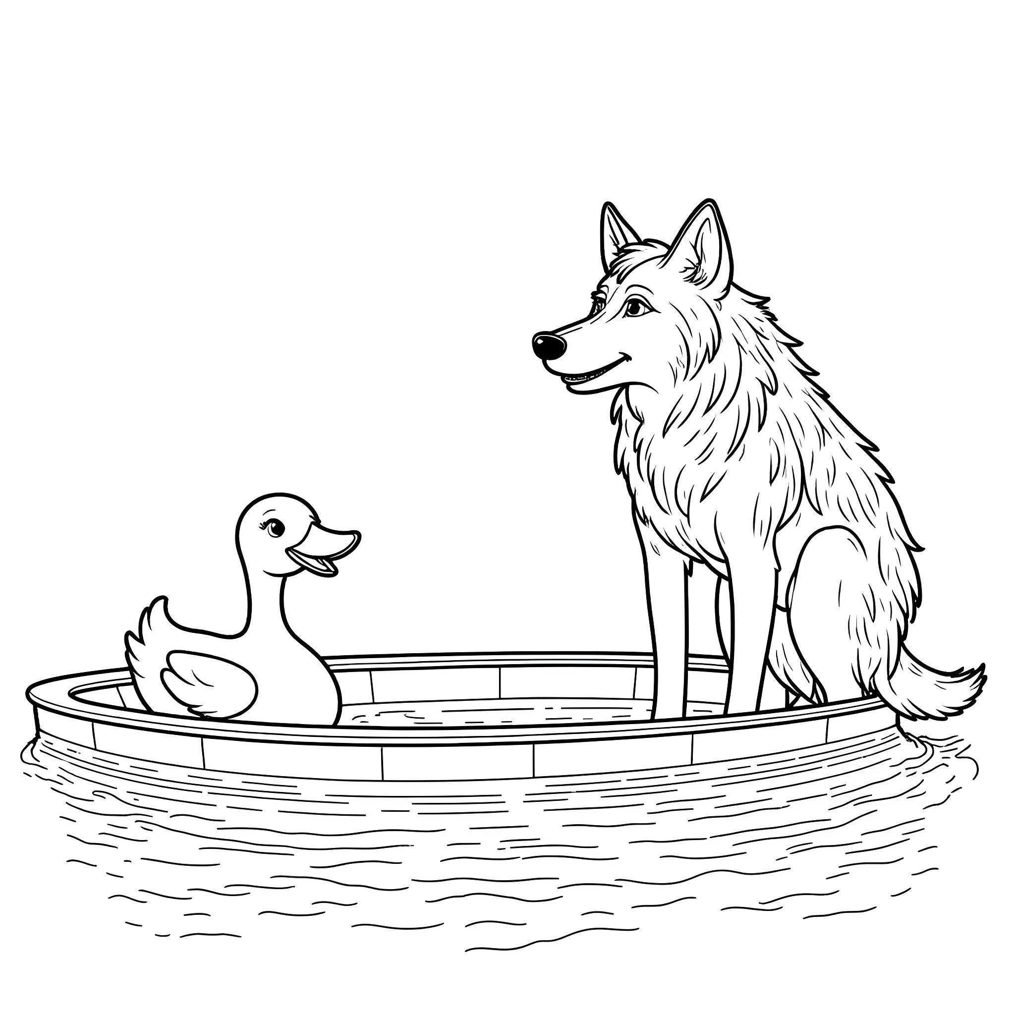Wolf and duck in a boat Coloring Page (free black-and-white line drawing printable PDF for all, from beginners to advanced learners, including children, teens, adults, and seniors)