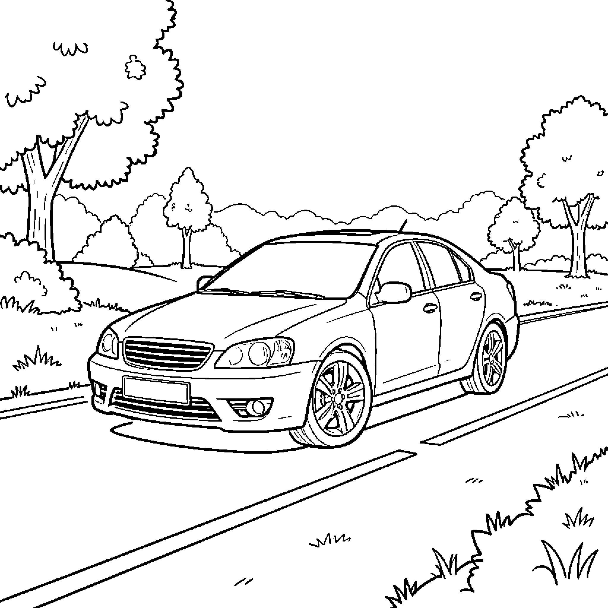 Car driving along a scenic road through trees Coloring Page (free black-and-white line drawing printable PDF for all, from beginners to advanced learners, including children, teens, adults, and seniors)