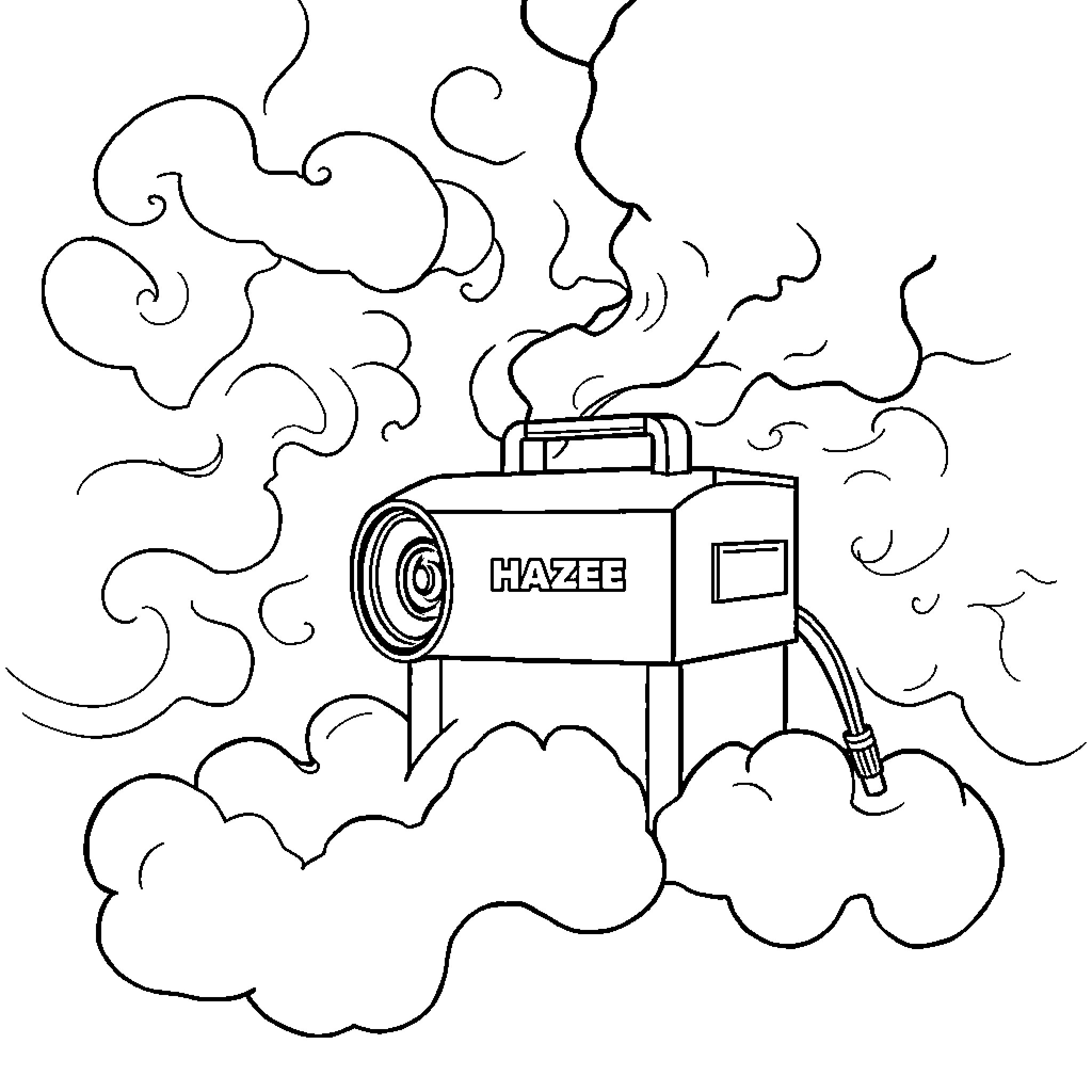 Fog Machine Emitting Smoke in a Cloudy Environment Coloring Page (free black-and-white line drawing printable PDF for all, from beginners to advanced learners, including children, teens, adults, and seniors)