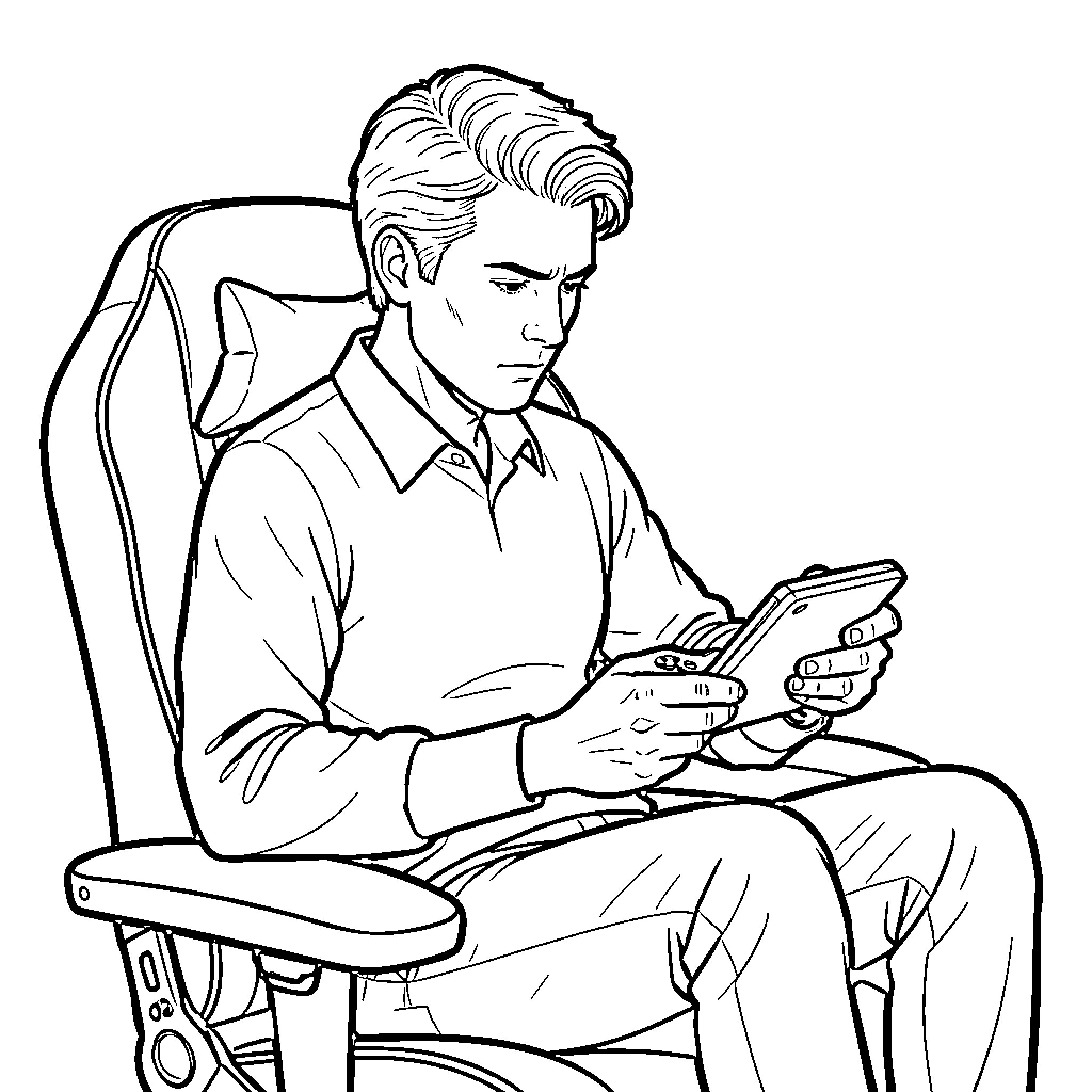 Spencer Reid intently using a mobile device Coloring Page (free black-and-white line drawing printable PDF for all, from beginners to advanced learners, including children, teens, adults, and seniors)