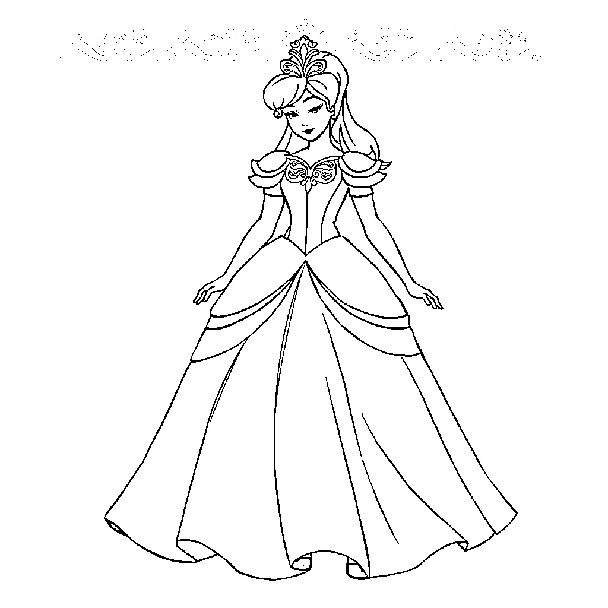 Princess in Elegant Ball Gown Posing Gracefully Coloring Page (free black-and-white line drawing printable PDF for all, from beginners to advanced learners, including children, teens, adults, and seniors)