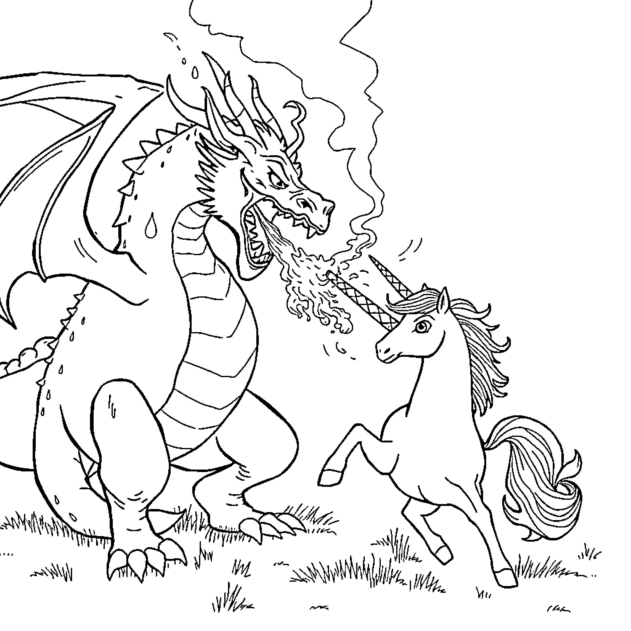 Dragon Exhaling Fire at Unicorn Coloring Page (free black-and-white line drawing printable PDF for all, from beginners to advanced learners, including children, teens, adults, and seniors)