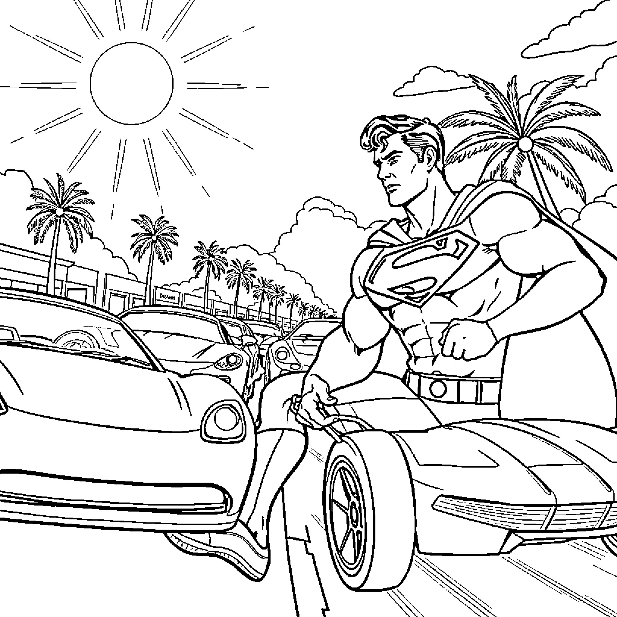 Superman racing sports car on sunny beach Coloring Page (free black-and-white line drawing printable PDF for all, from beginners to advanced learners, including children, teens, adults, and seniors)