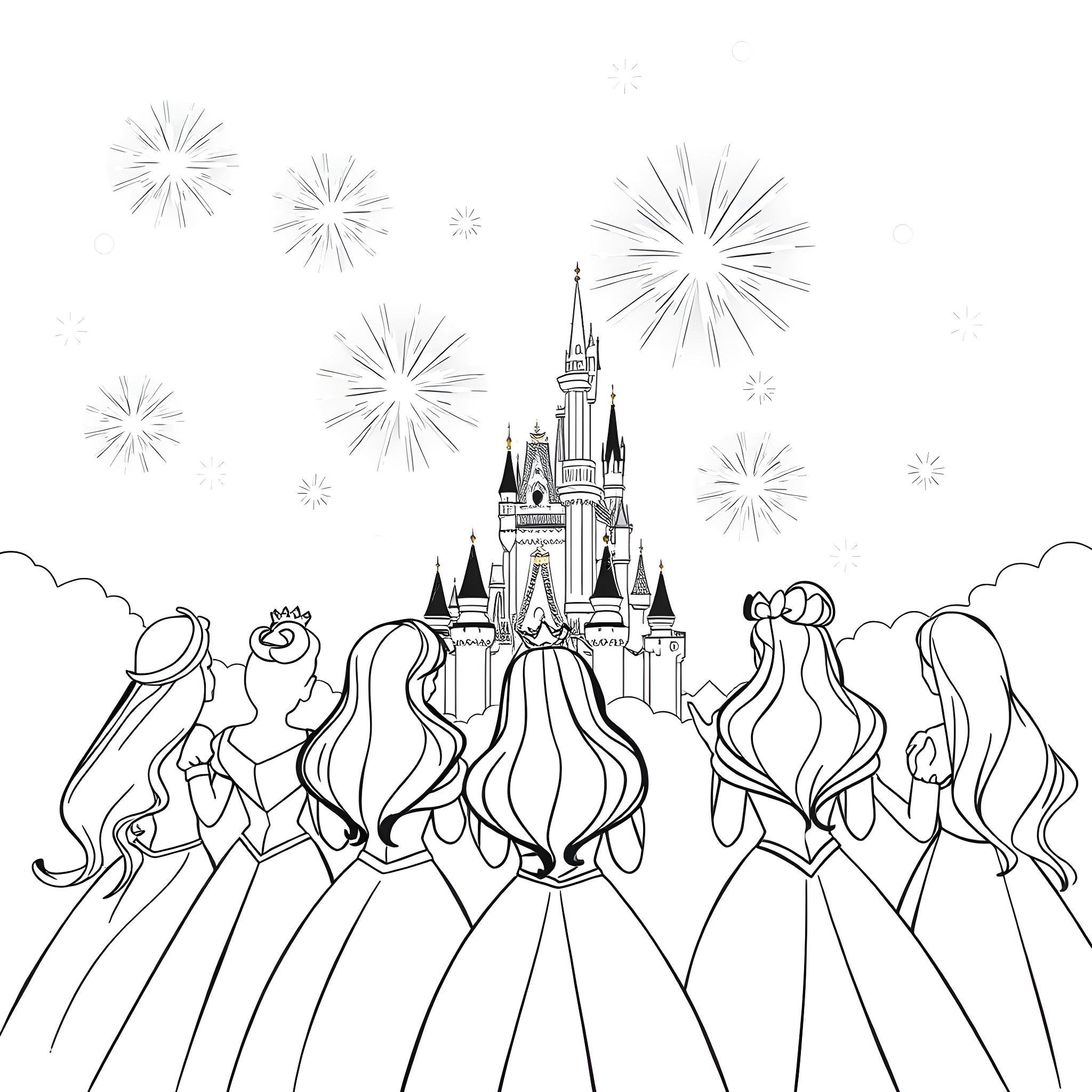 Disney Princess Gowns Gathered Before the Castle Coloring Page (free black-and-white line drawing printable PDF for all, from beginners to advanced learners, including children, teens, adults, and seniors)