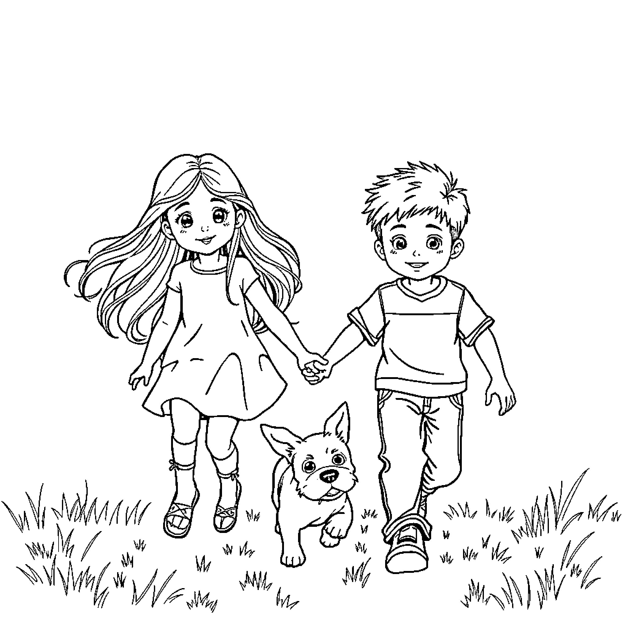 Girl and boy walking with dog in the park Coloring Page (free black-and-white line drawing printable PDF for all, from beginners to advanced learners, including children, teens, adults, and seniors)