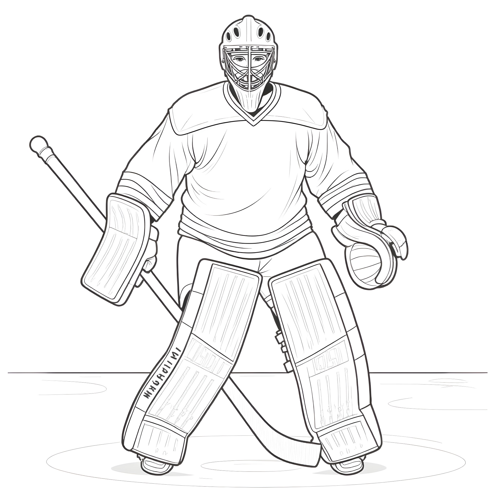 Hockey Goalie in Protective Gear on the Ice Coloring Page (free black-and-white line drawing printable PDF for all, from beginners to advanced learners, including children, teens, adults, and seniors)