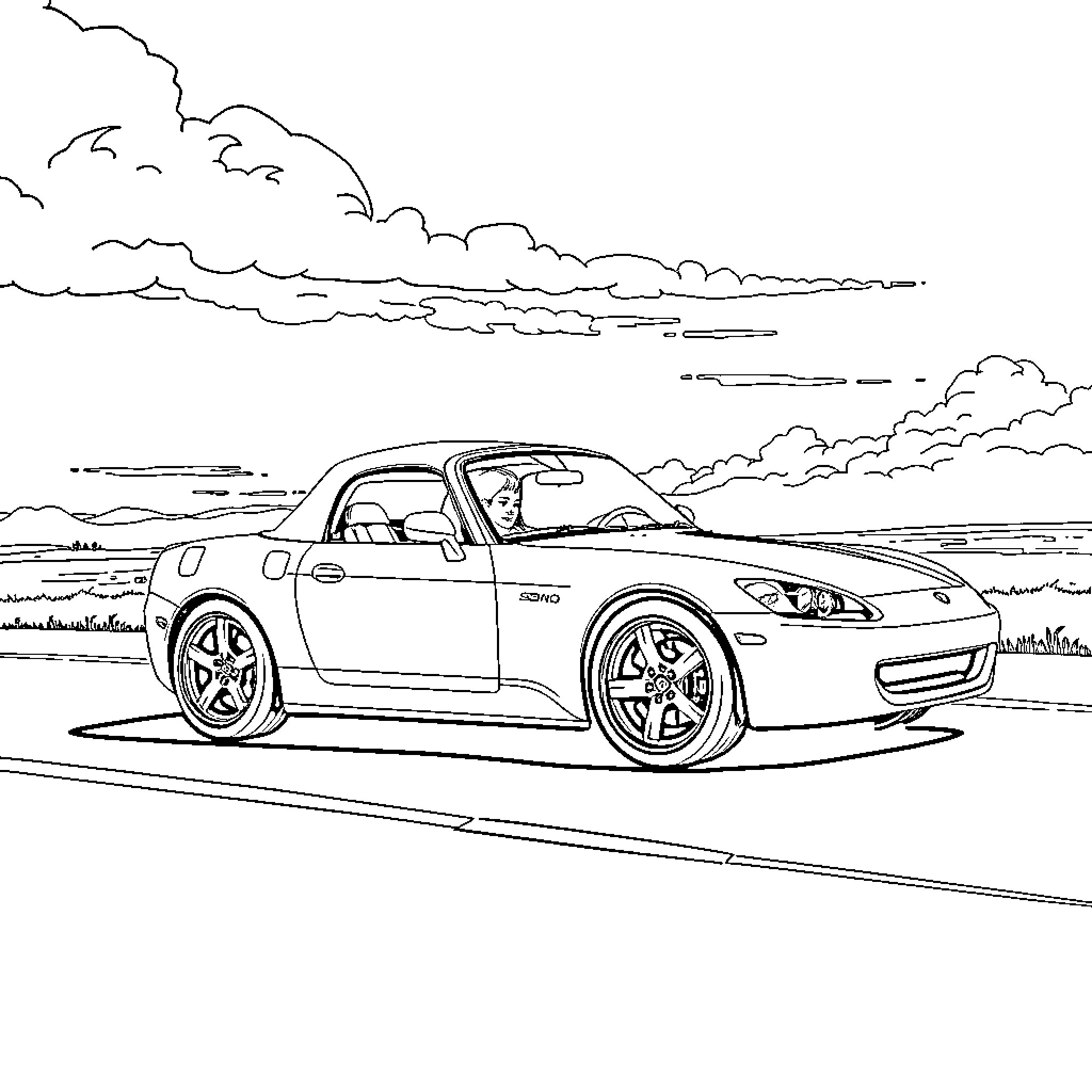 S2000 sports car driving through scenic countryside Coloring Page (free black-and-white line drawing printable PDF for all, from beginners to advanced learners, including children, teens, adults, and seniors)