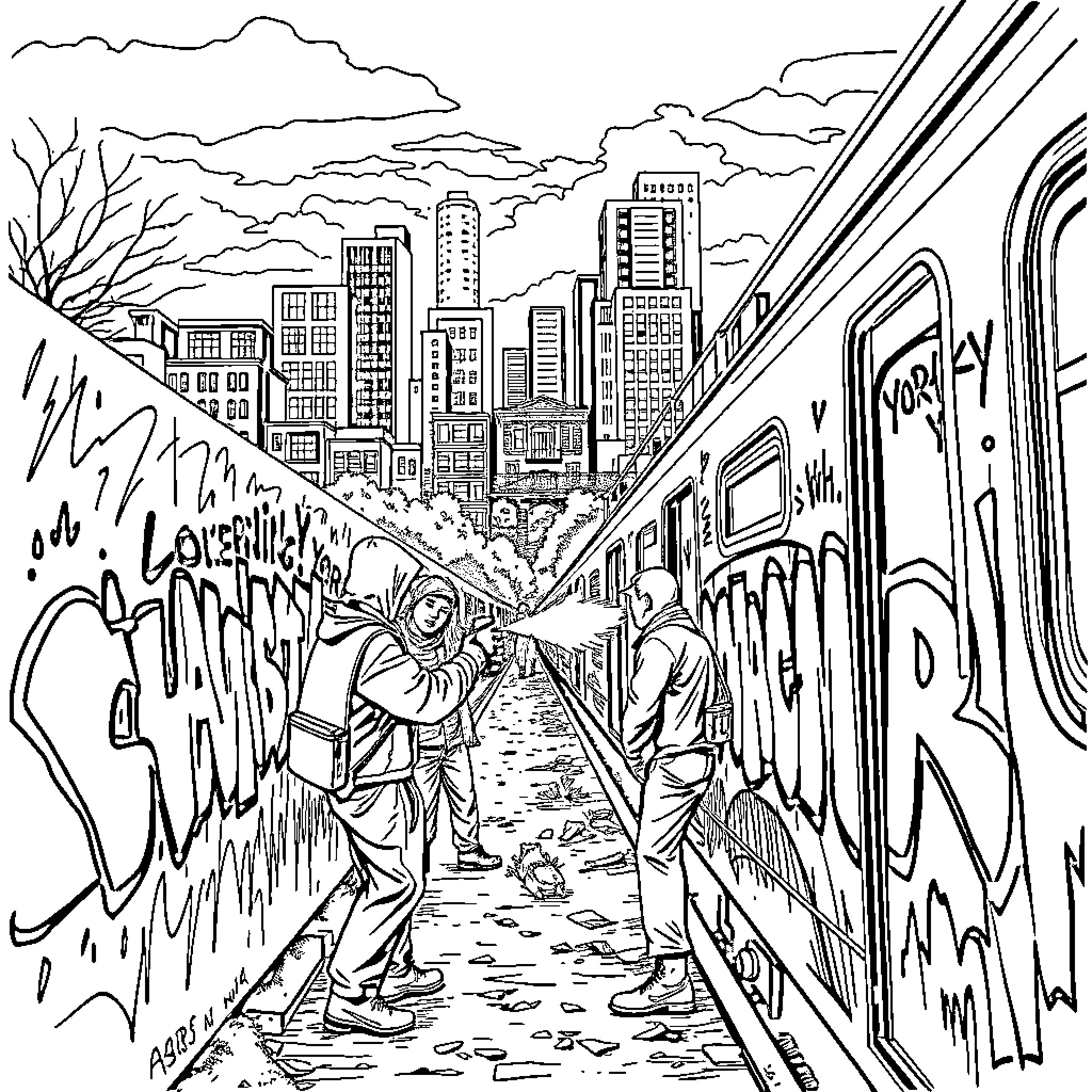 Graffiti Scene of Urban City Exploration Coloring Page (free black-and-white line drawing printable PDF for all, from beginners to advanced learners, including children, teens, adults, and seniors)