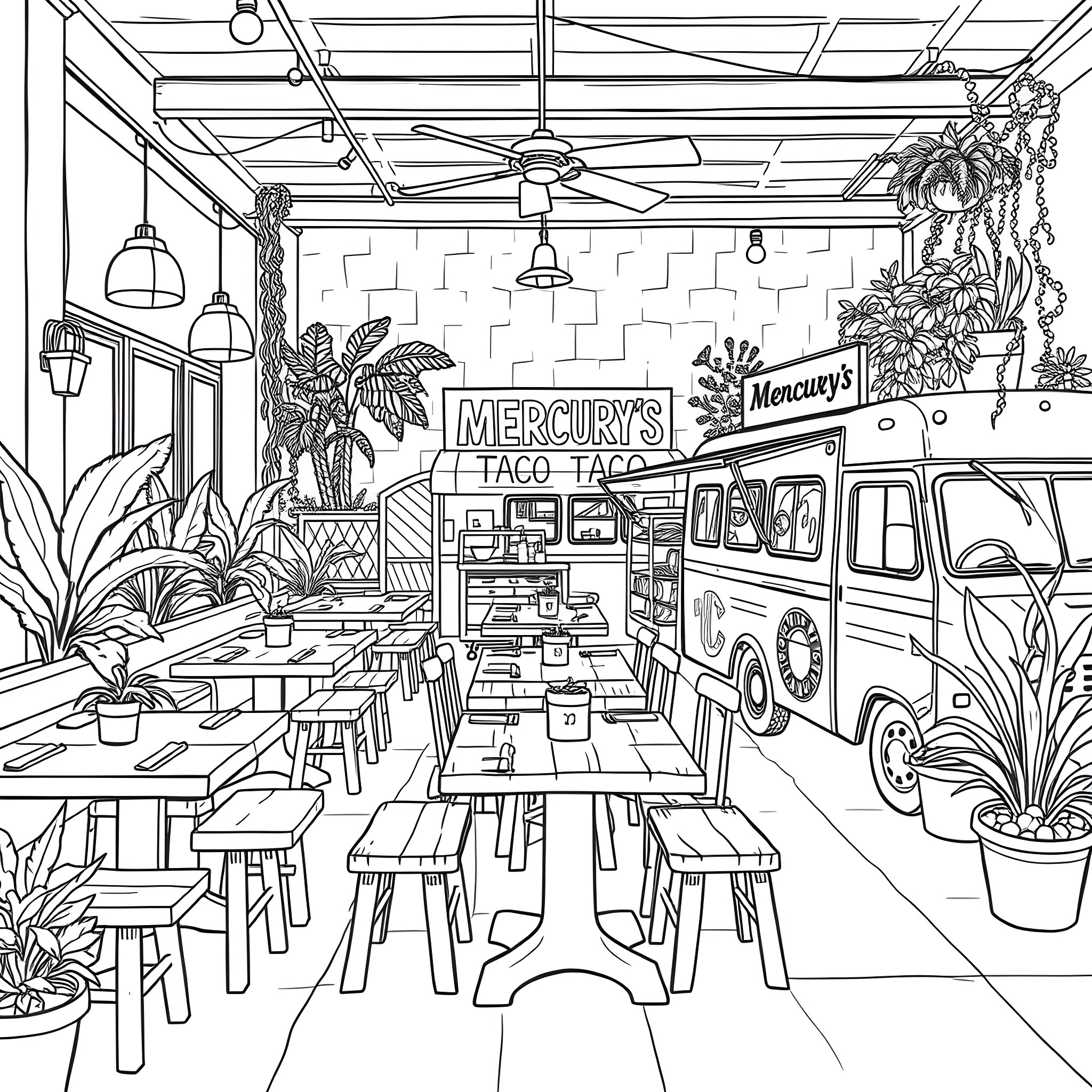 Dining Hall with Tropical Decor and Food Truck Coloring Page (free black-and-white line drawing printable PDF for all, from beginners to advanced learners, including children, teens, adults, and seniors)