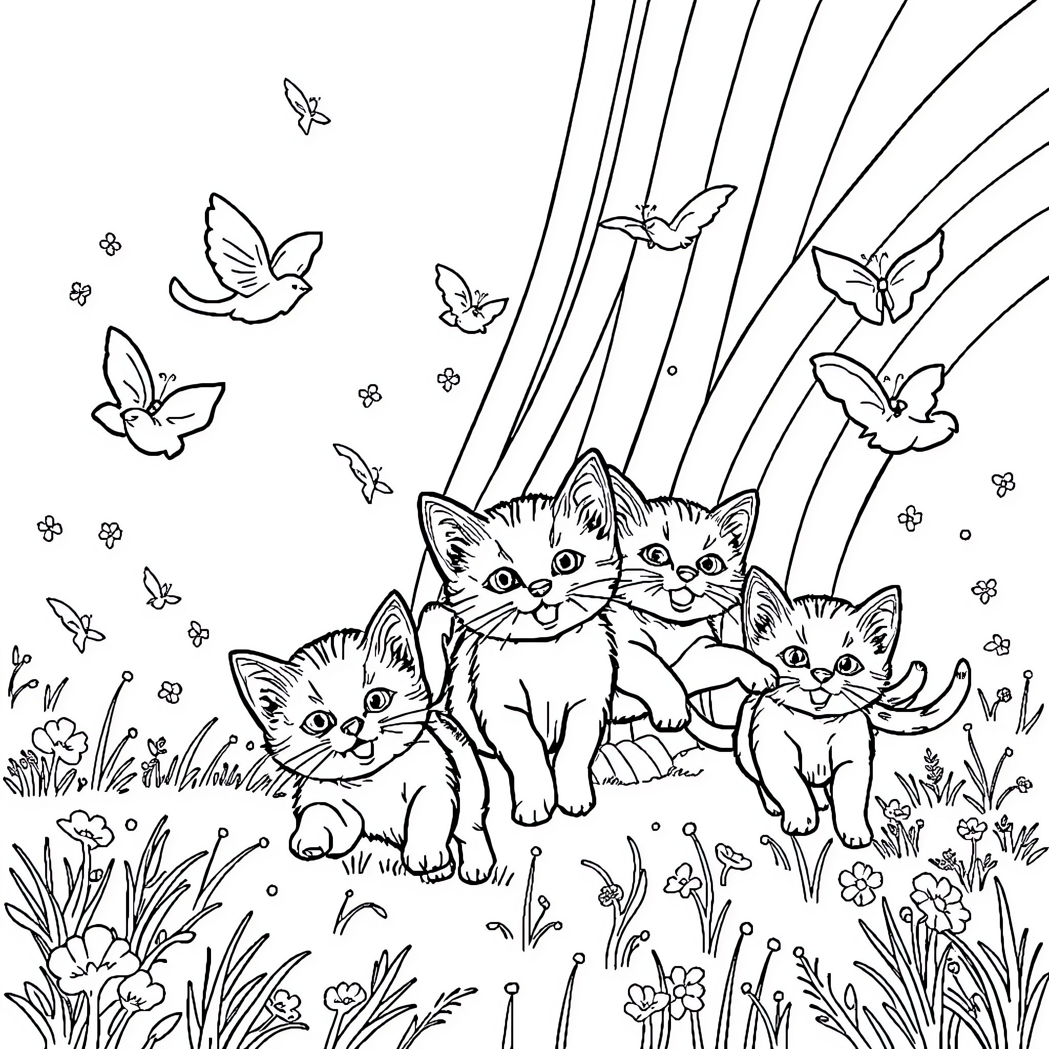 Kittens playing in the garden with butterflies Coloring Page (free black-and-white line drawing printable PDF for all, from beginners to advanced learners, including children, teens, adults, and seniors)