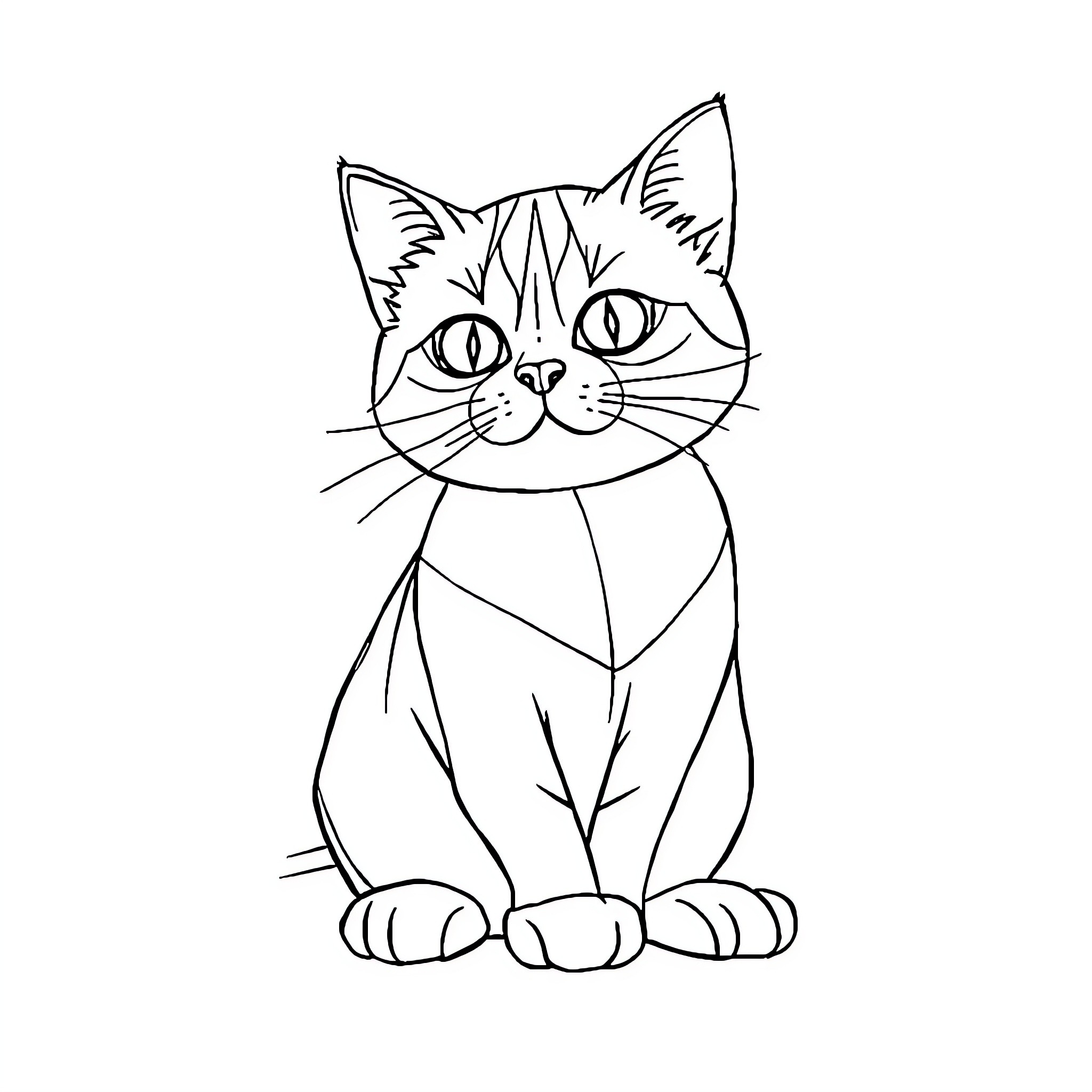 Cat sitting curiously on a white background Coloring Page (free black-and-white line drawing printable PDF for all, from beginners to advanced learners, including children, teens, adults, and seniors)