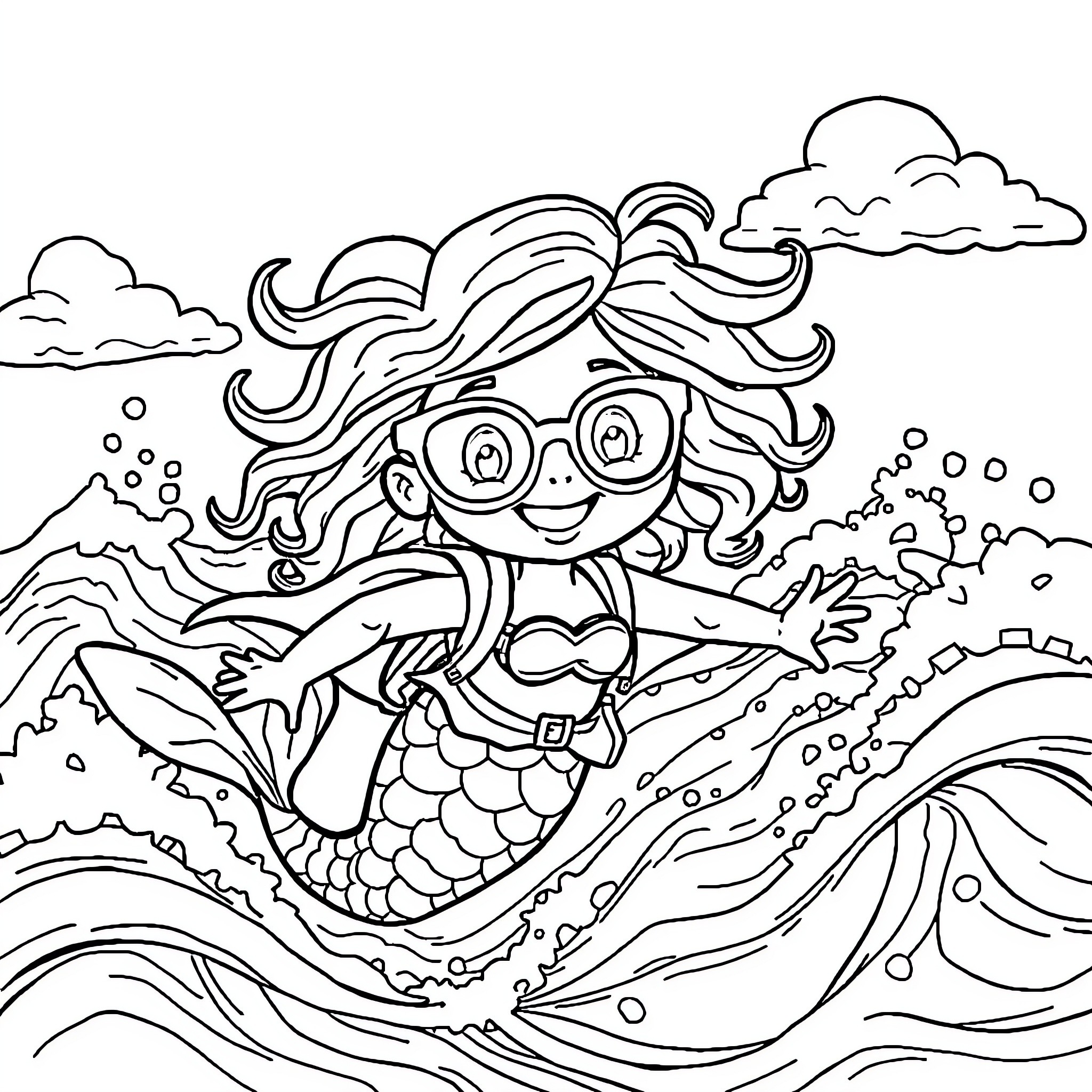 Mermaid frolicking joyfully in the waves Coloring Page (free black-and-white line drawing printable PDF for all, from beginners to advanced learners, including children, teens, adults, and seniors)