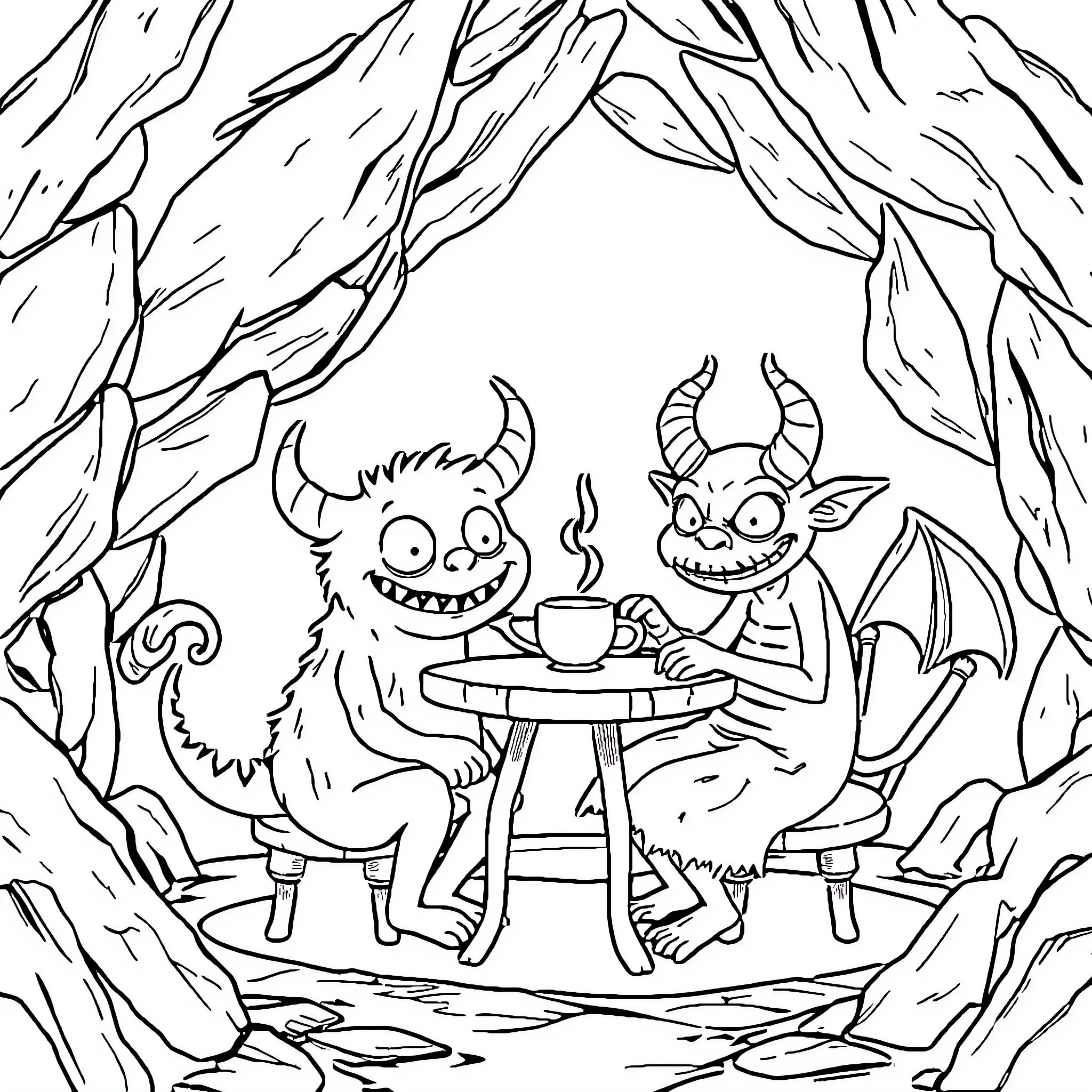 Monster Tea Party in the Cave Coloring Page (free black-and-white line drawing printable PDF for all, from beginners to advanced learners, including children, teens, adults, and seniors)