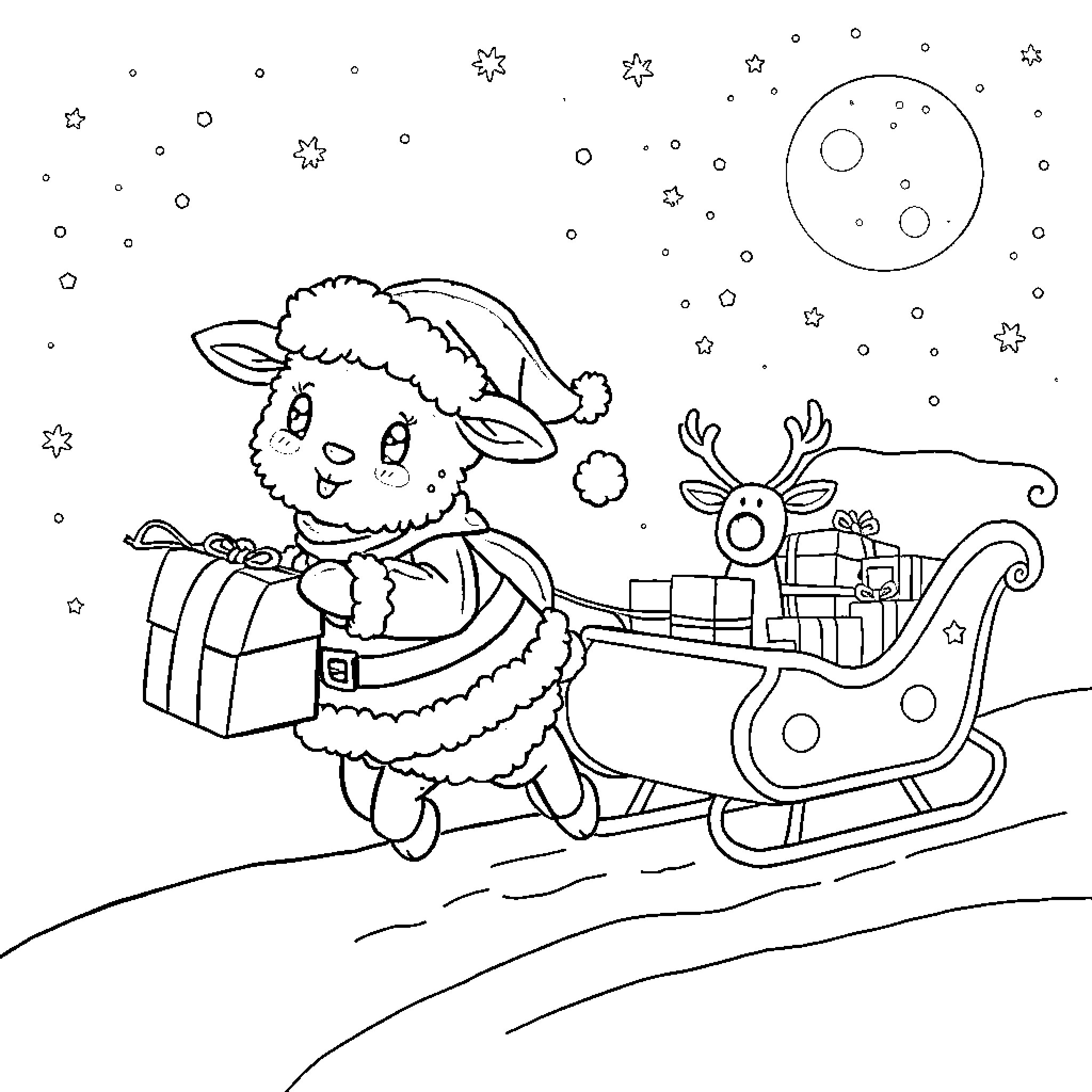 Lamb delivering Christmas presents in a sleigh Coloring Page (free black-and-white line drawing printable PDF for all, from beginners to advanced learners, including children, teens, adults, and seniors)