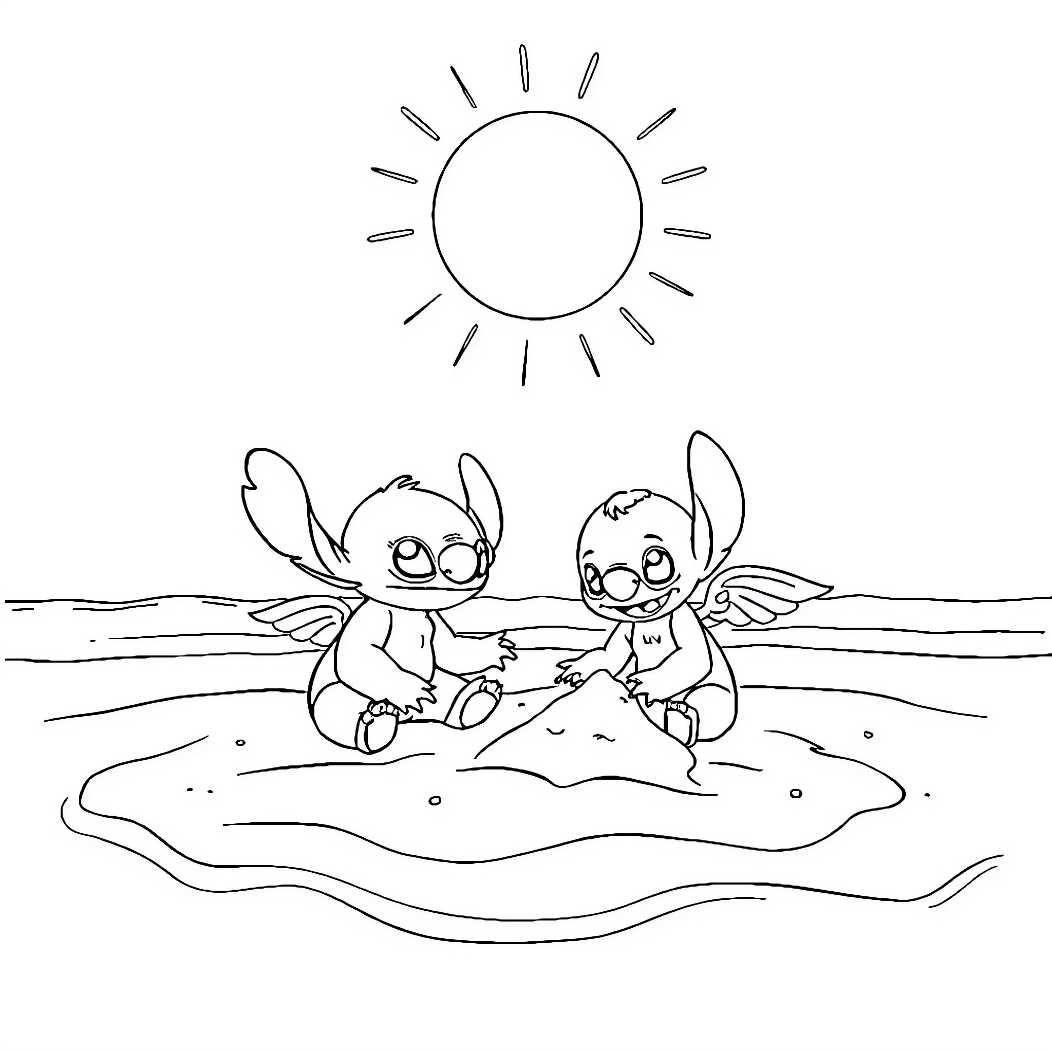 Stitch and Angel playing in the sun Coloring Page (free black-and-white line drawing printable PDF for all, from beginners to advanced learners, including children, teens, adults, and seniors)