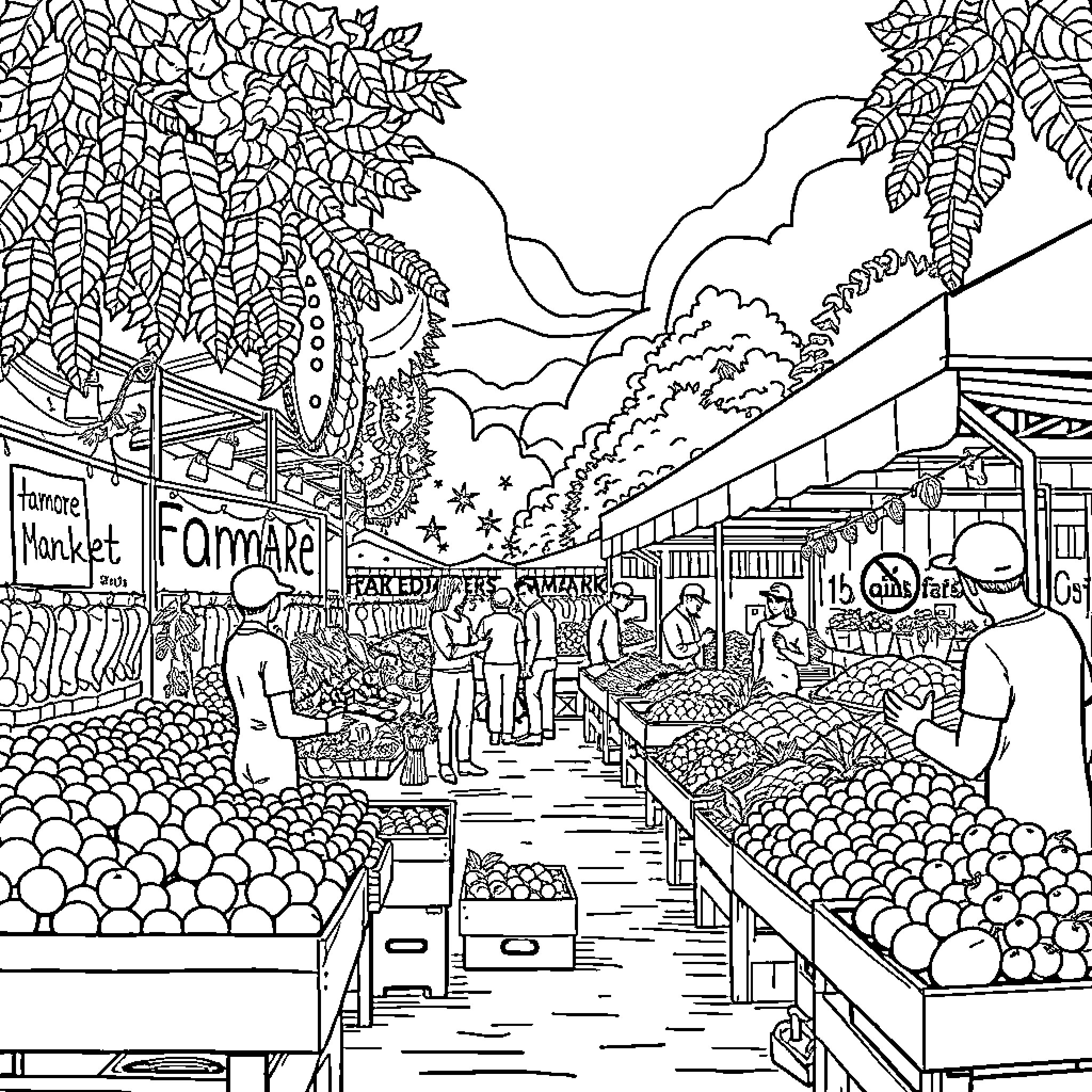 Farmers Market - Bustling Scene with Produce and Shoppers Coloring Page (free black-and-white line drawing printable PDF for all, from beginners to advanced learners, including children, teens, adults, and seniors)