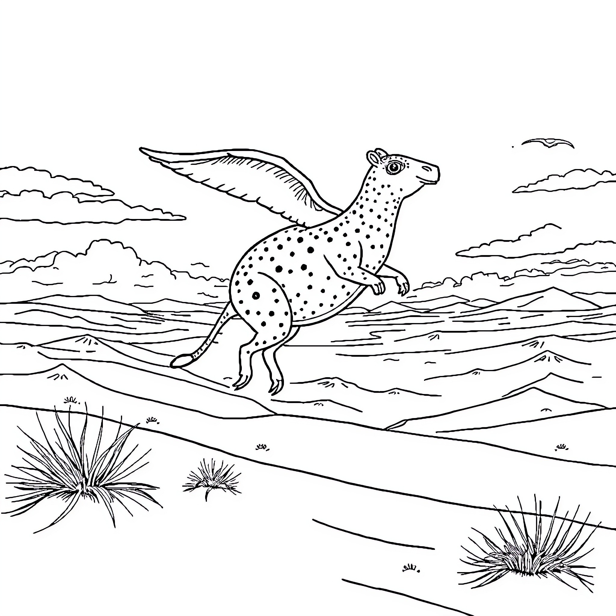 Capybara running through the desert landscape Coloring Page (free black-and-white line drawing printable PDF for all, from beginners to advanced learners, including children, teens, adults, and seniors)