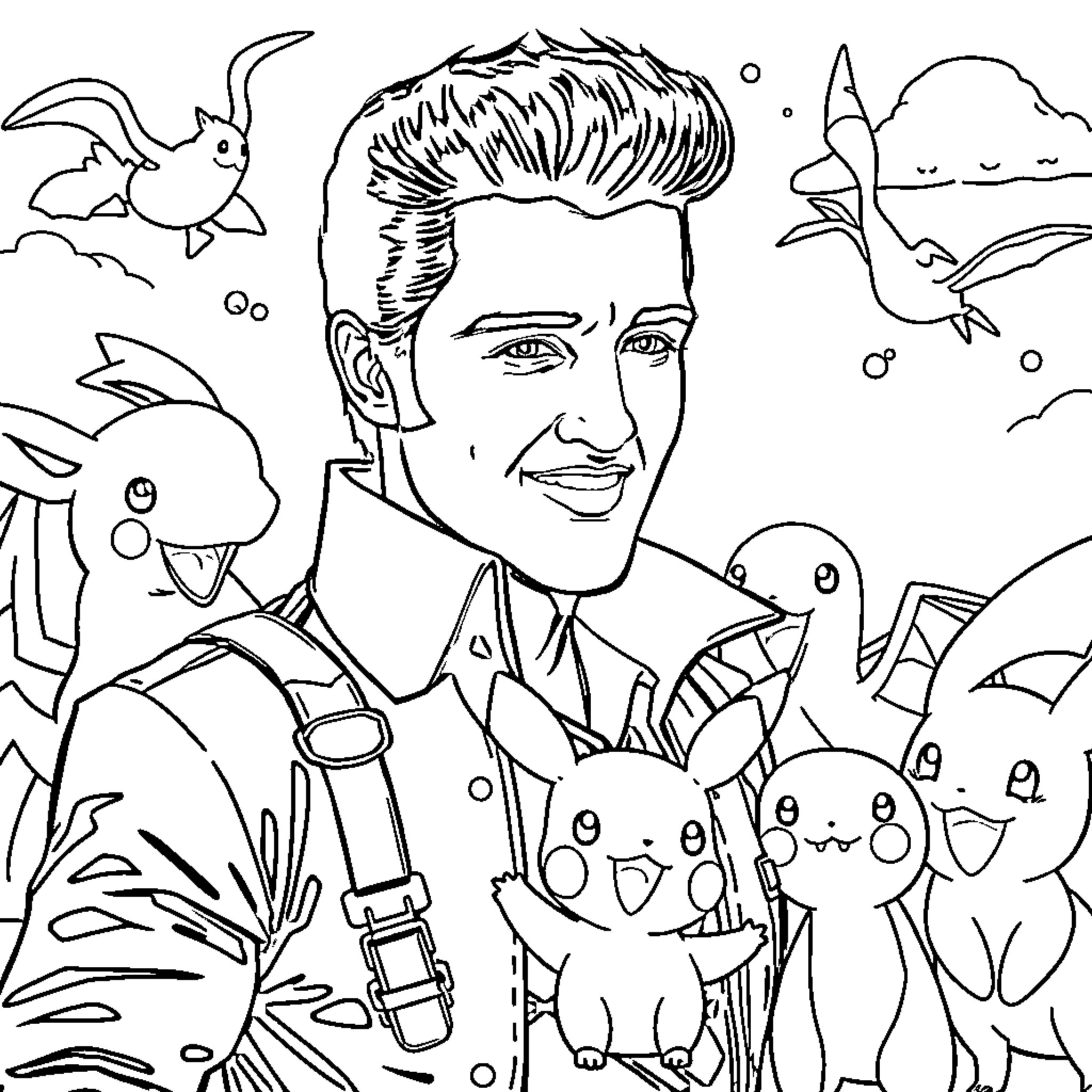 Elvis Presley surrounded by animated animals in a whimsical scene Coloring Page (free black-and-white line drawing printable PDF for all, from beginners to advanced learners, including children, teens, adults, and seniors)