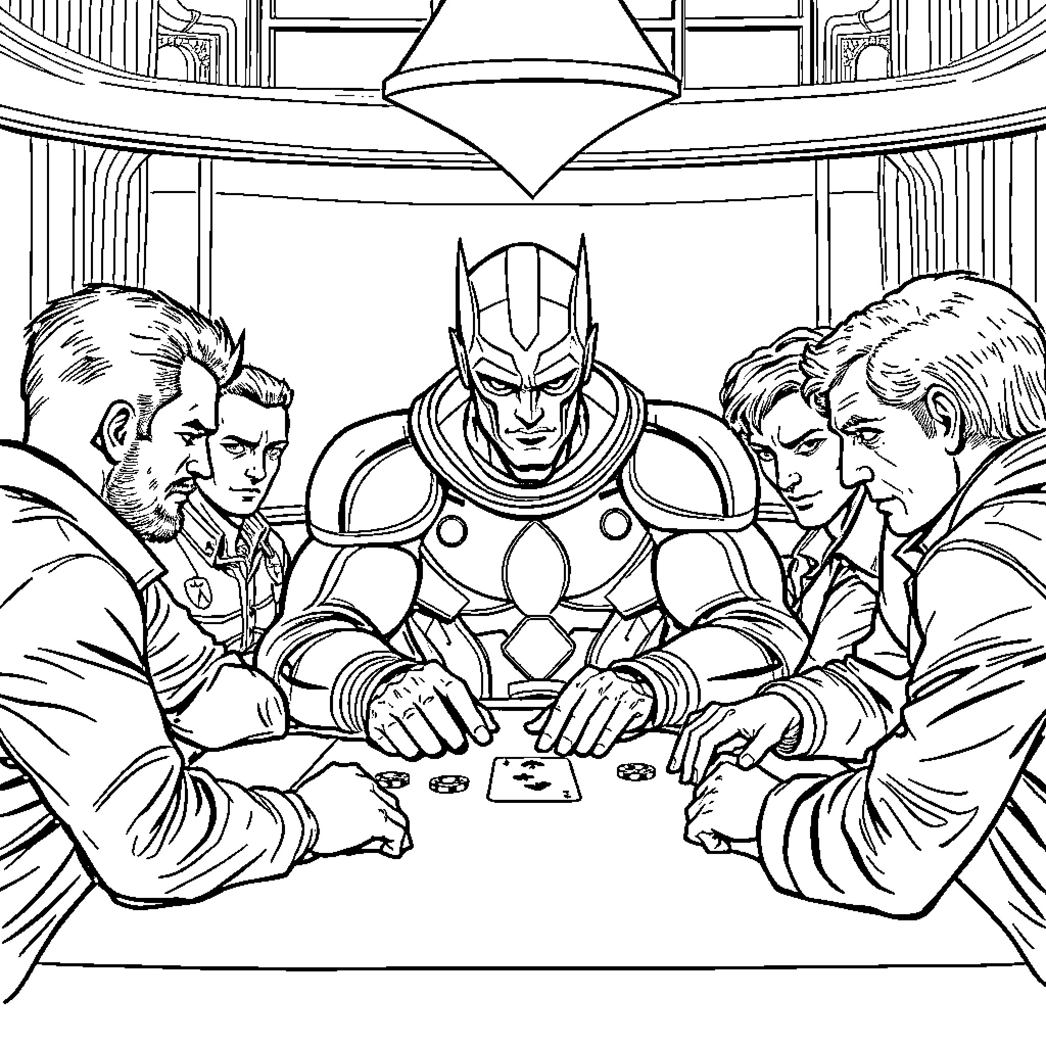 Omniman Meeting with Colleagues in Conference Room Coloring Page (free black-and-white line drawing printable PDF for all, from beginners to advanced learners, including children, teens, adults, and seniors)