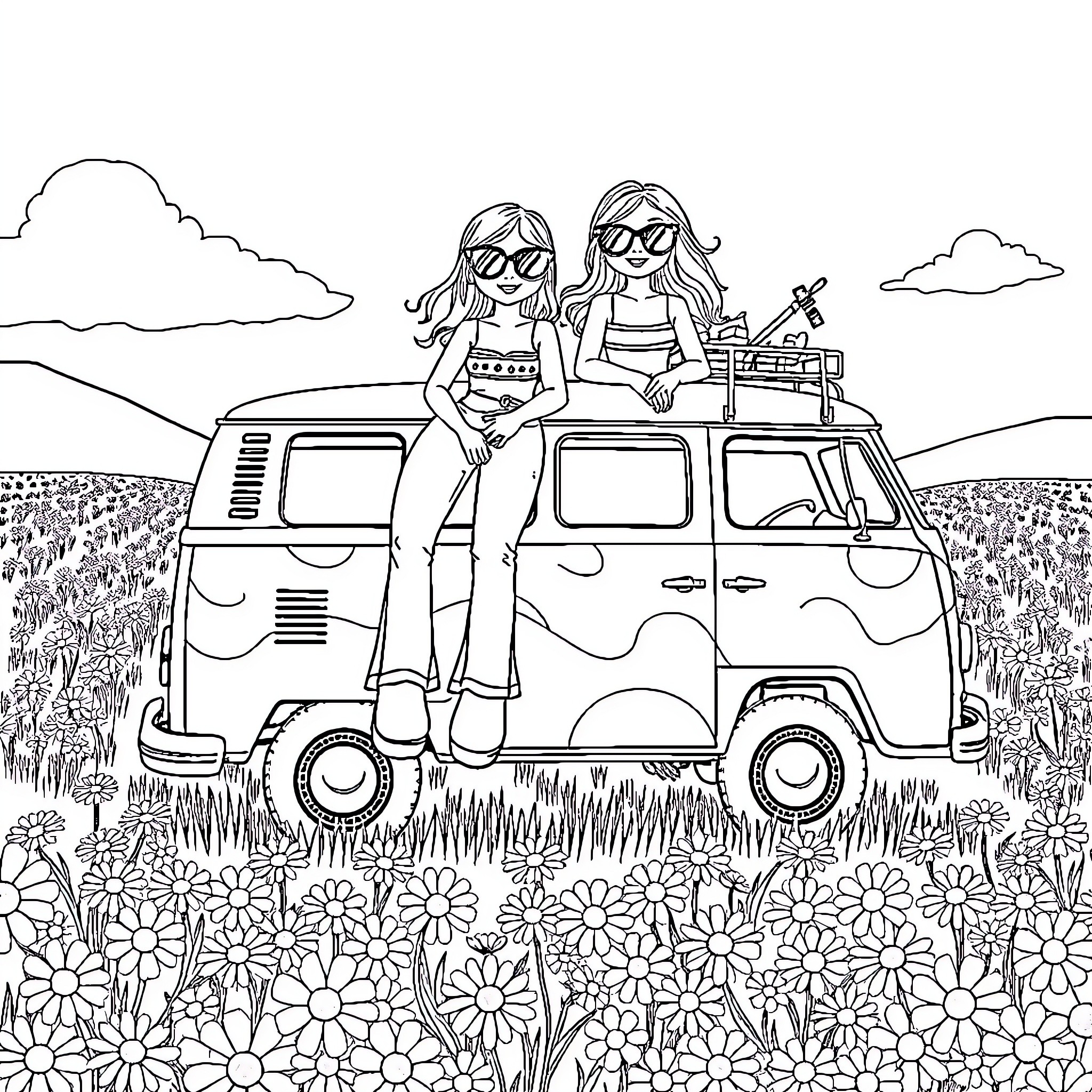 Friends on a road trip adventure Coloring Page (free black-and-white line drawing printable PDF for all, from beginners to advanced learners, including children, teens, adults, and seniors)