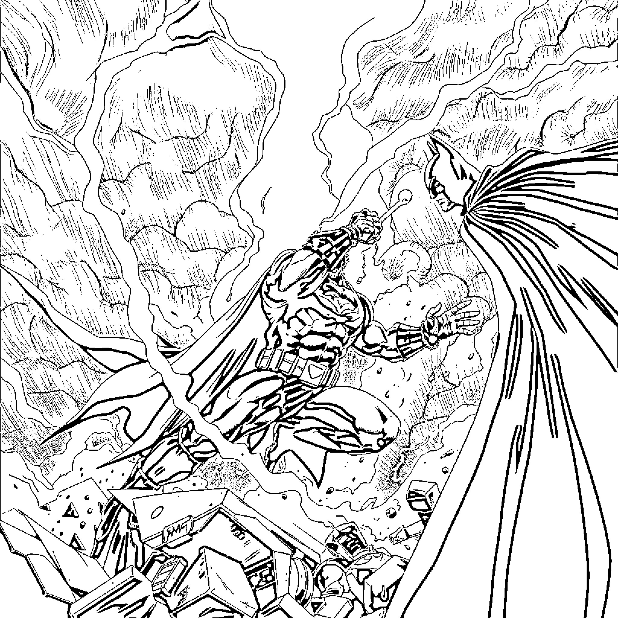 Lobo battling fiercely in a chaotic scene Coloring Page (free black-and-white line drawing printable PDF for all, from beginners to advanced learners, including children, teens, adults, and seniors)