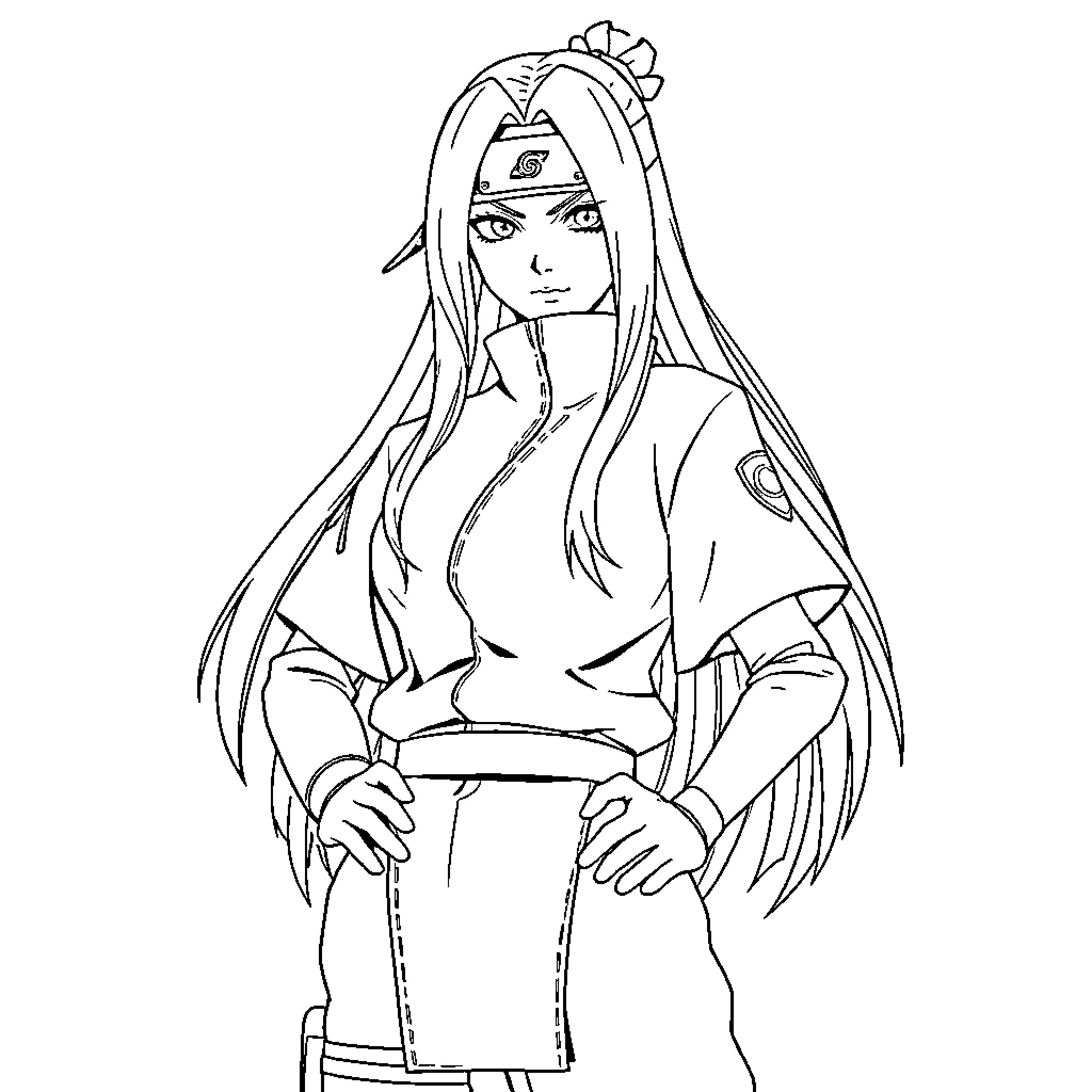 Tsunade in action, confident and composed Coloring Page (free black-and-white line drawing printable PDF for all, from beginners to advanced learners, including children, teens, adults, and seniors)