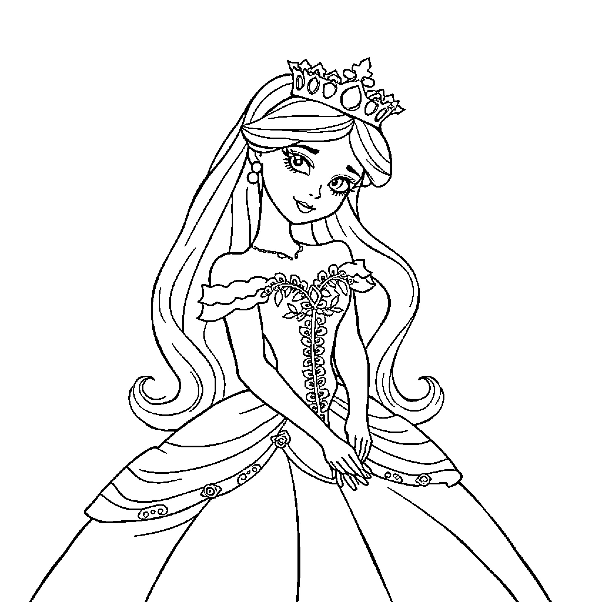 Princess in a Flowing Gown with Floral Crown Coloring Page (free black-and-white line drawing printable PDF for all, from beginners to advanced learners, including children, teens, adults, and seniors)