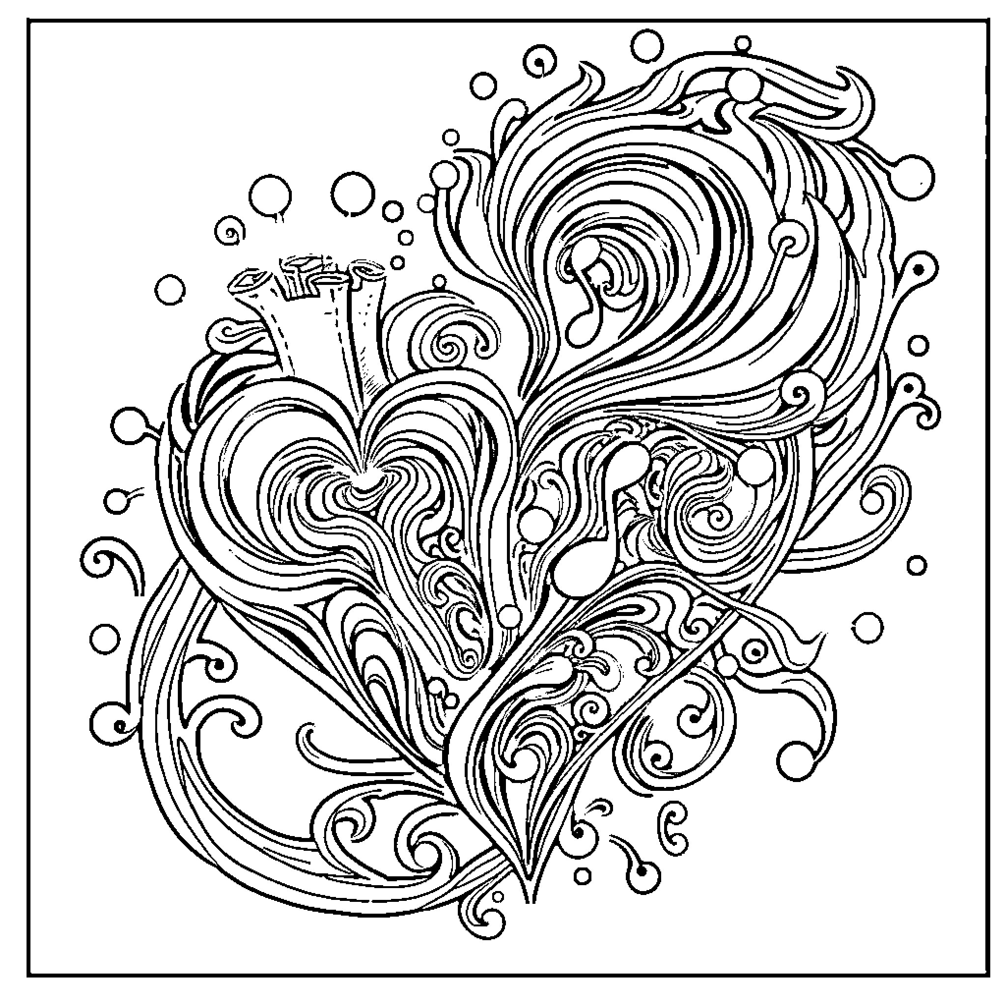 Heart-shaped abstract floral and swirls design Coloring Page (free black-and-white line drawing printable PDF for all, from beginners to advanced learners, including children, teens, adults, and seniors)