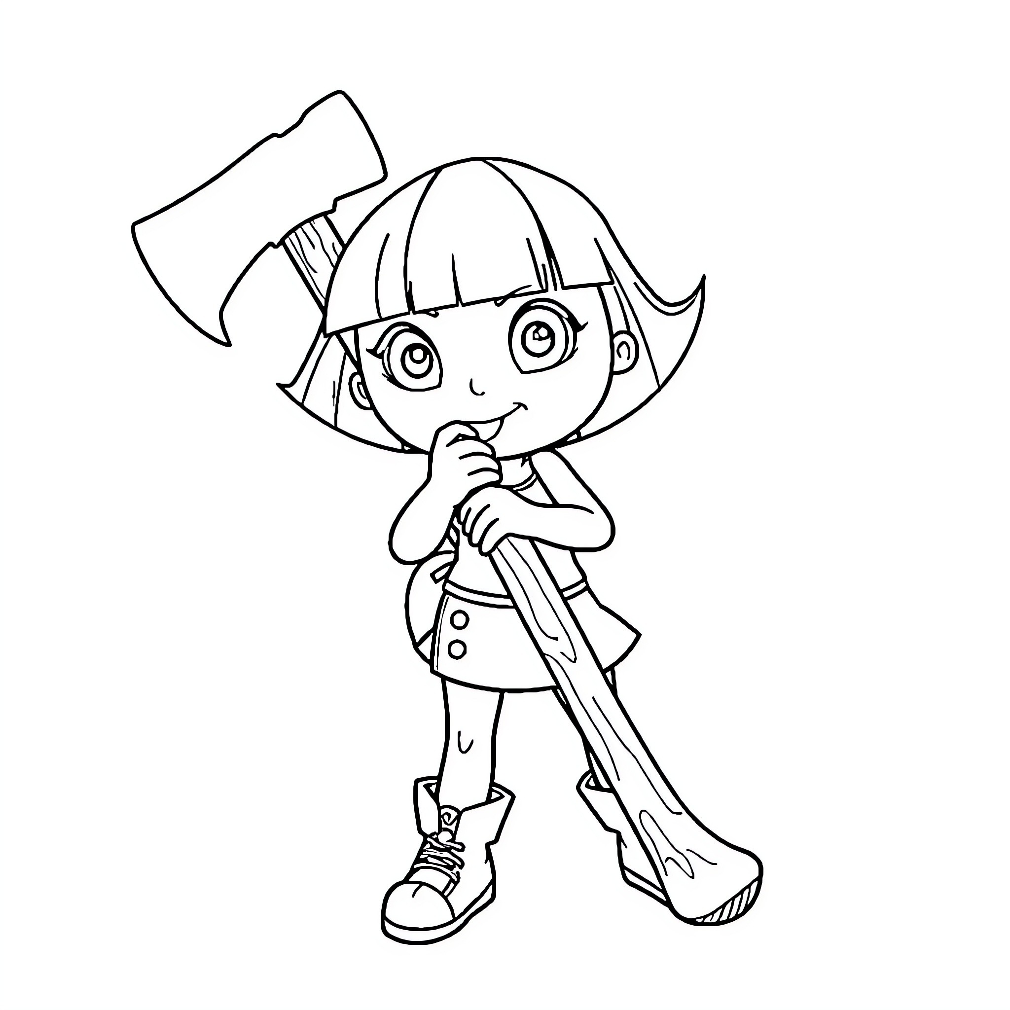 Axe-wielding Anime-style Character with Curious Expression Coloring Page (free black-and-white line drawing printable PDF for all, from beginners to advanced learners, including children, teens, adults, and seniors)