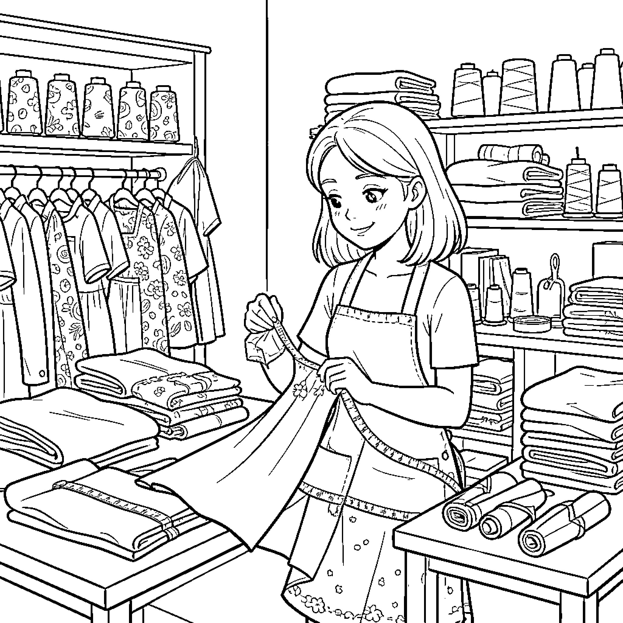 Tailor measuring fabric carefully in a sewing shop Coloring Page (free black-and-white line drawing printable PDF for all, from beginners to advanced learners, including children, teens, adults, and seniors)