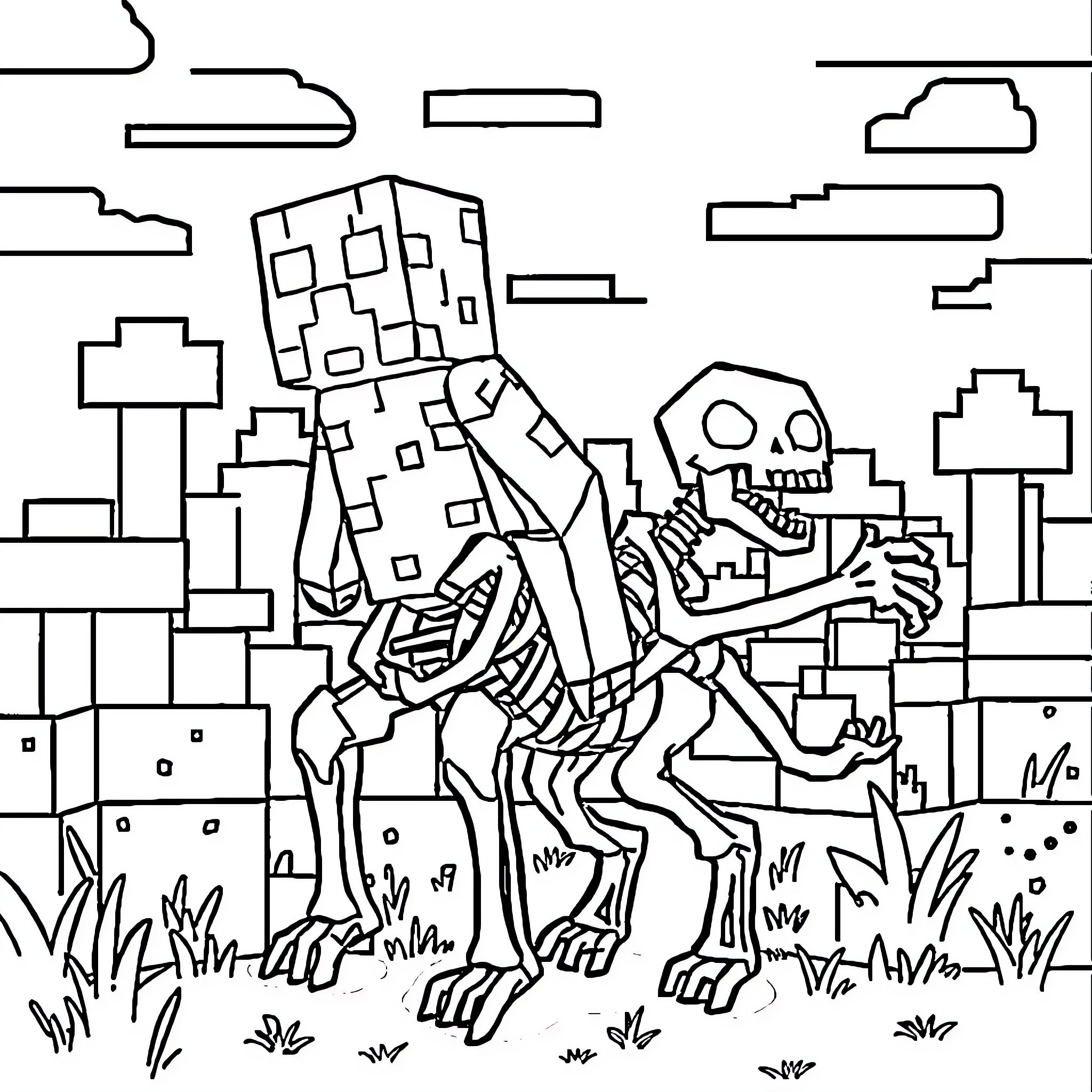 Creeper stalking a skeletal creature in a pixelated landscape Coloring Page (free black-and-white line drawing printable PDF for all, from beginners to advanced learners, including children, teens, adults, and seniors)