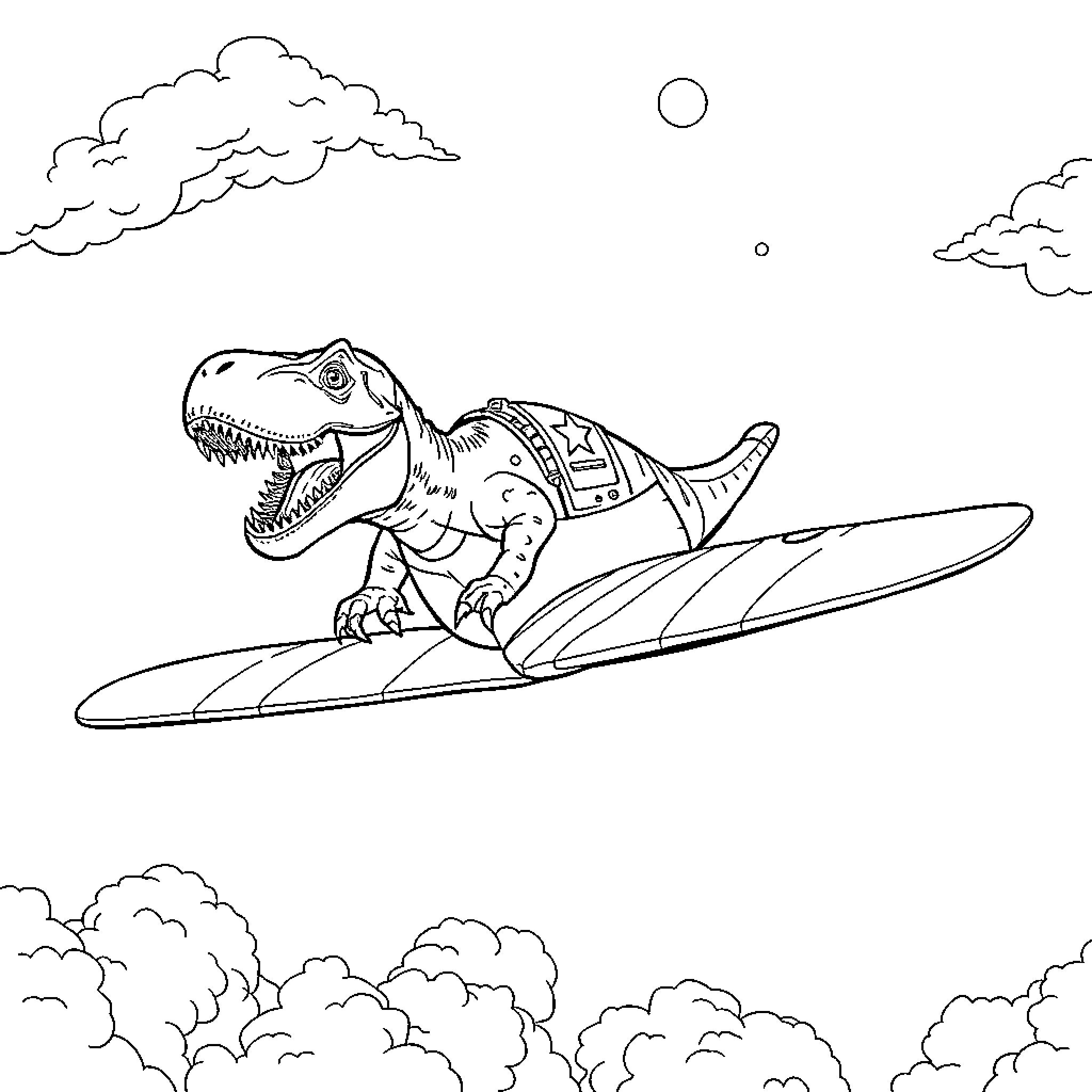 Trex surfing in the sky Coloring Page (free black-and-white line drawing printable PDF for all, from beginners to advanced learners, including children, teens, adults, and seniors)