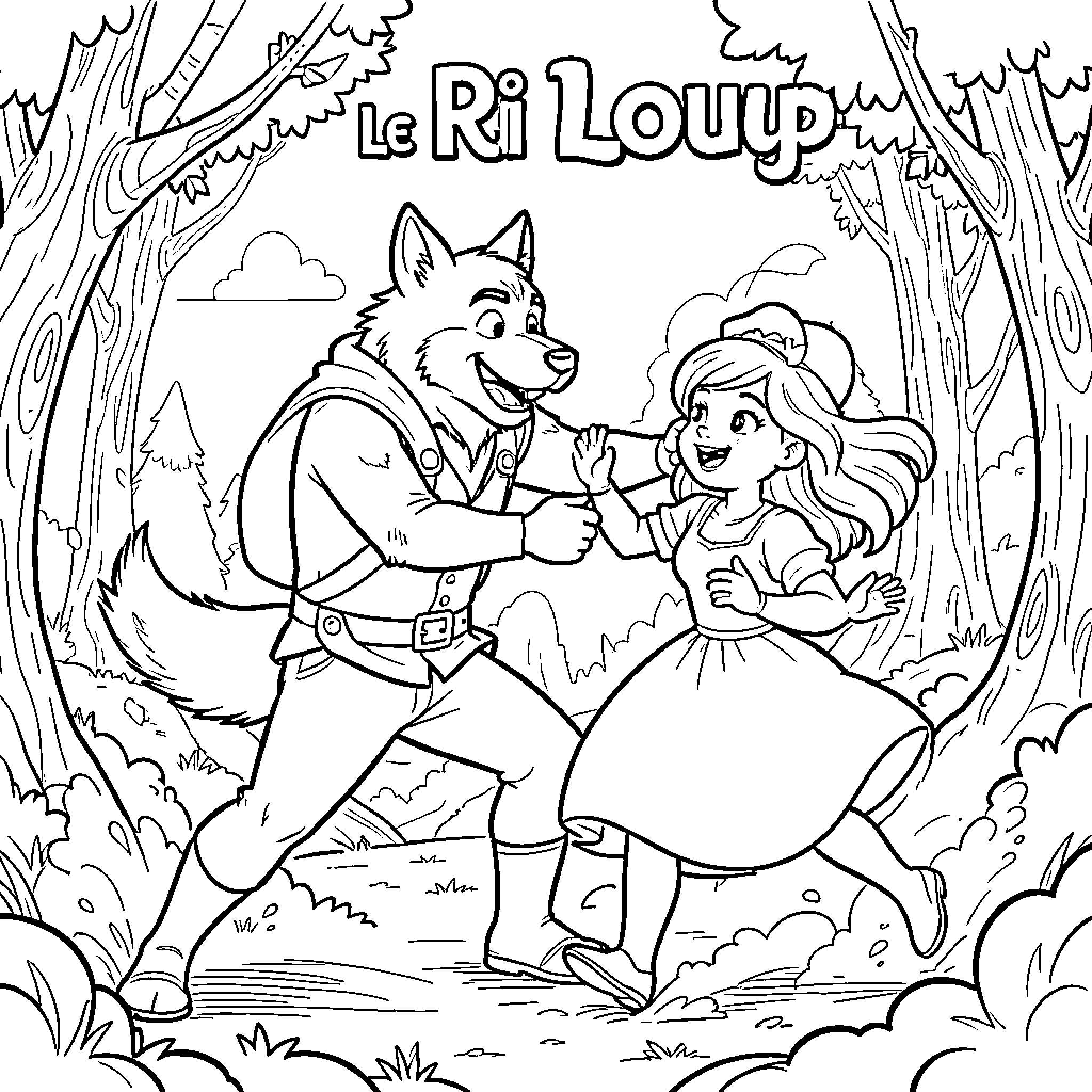 Drew a wolf and girl dancing in the woods Coloring Page (free black-and-white line drawing printable PDF for all, from beginners to advanced learners, including children, teens, adults, and seniors)