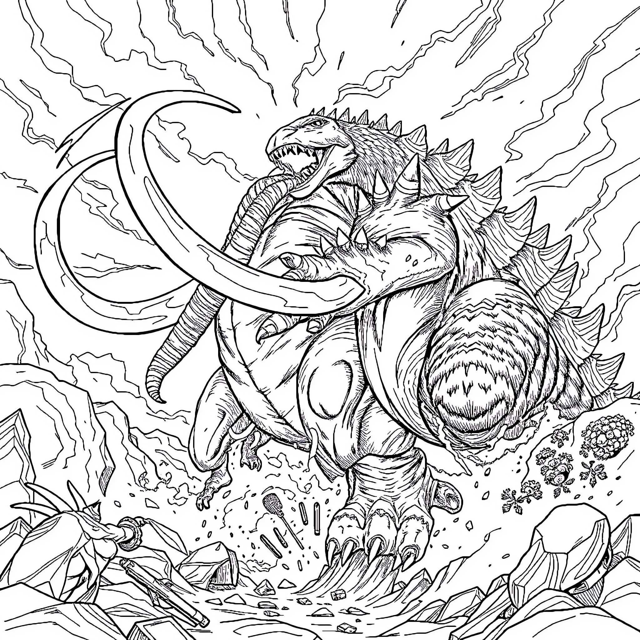 Mammoth mythical beast wreaking havoc in the landscape Coloring Page (free black-and-white line drawing printable PDF for all, from beginners to advanced learners, including children, teens, adults, and seniors)