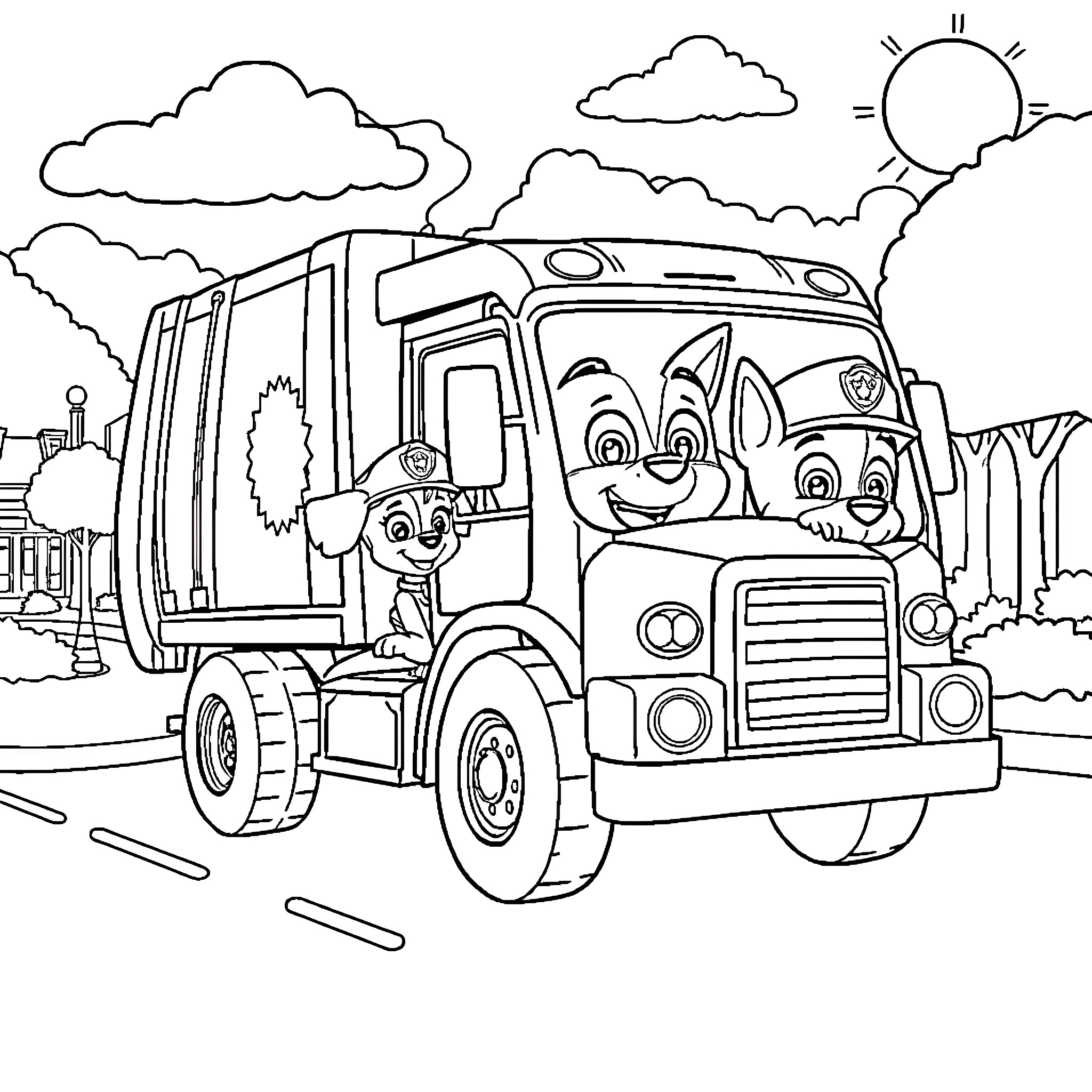 Paw Patrol Crew Riding in Garbage Truck Coloring Page (free black-and-white line drawing printable PDF for all, from beginners to advanced learners, including children, teens, adults, and seniors)