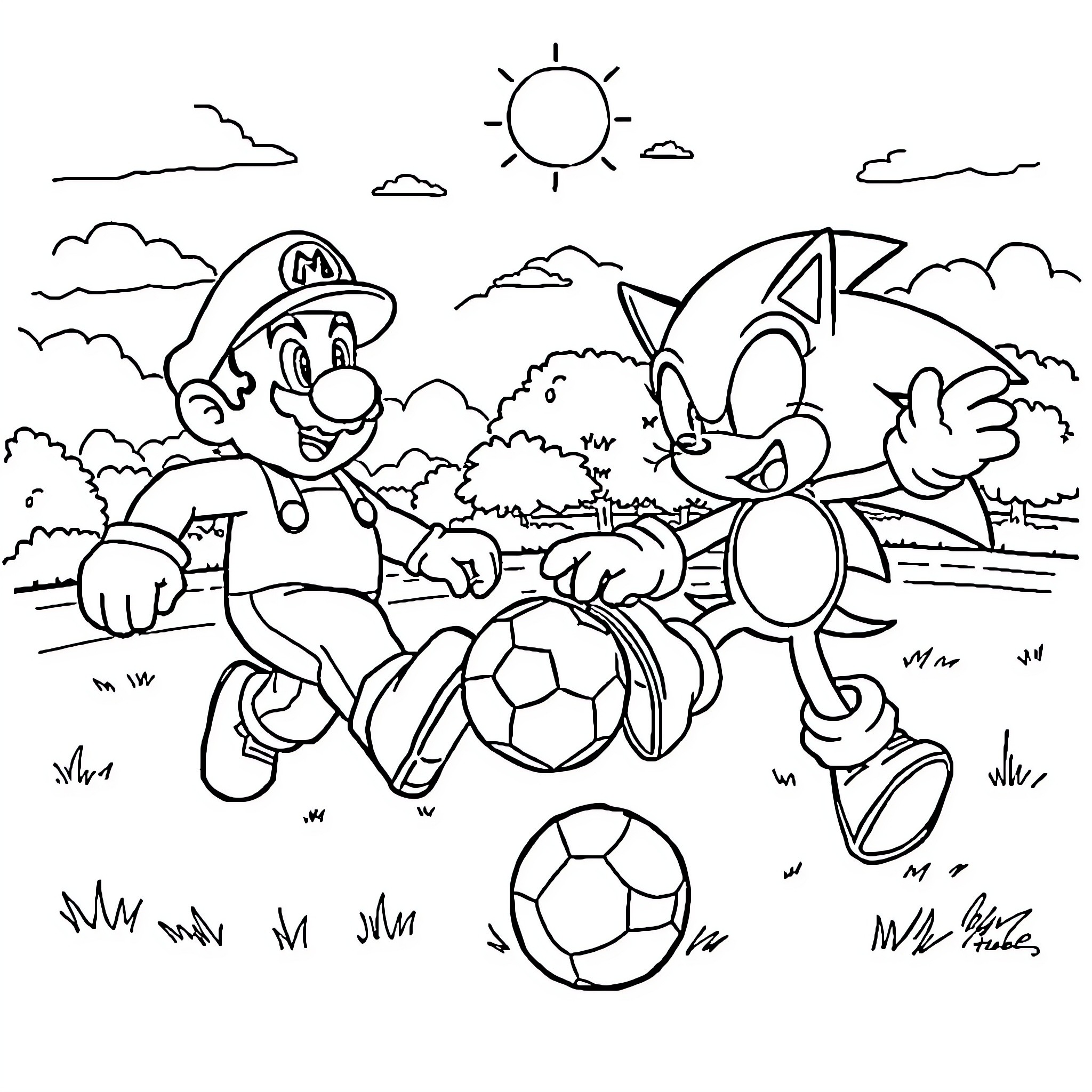 Mario and Sonic Playing Soccer in the Park Coloring Page (free black-and-white line drawing printable PDF for all, from beginners to advanced learners, including children, teens, adults, and seniors)