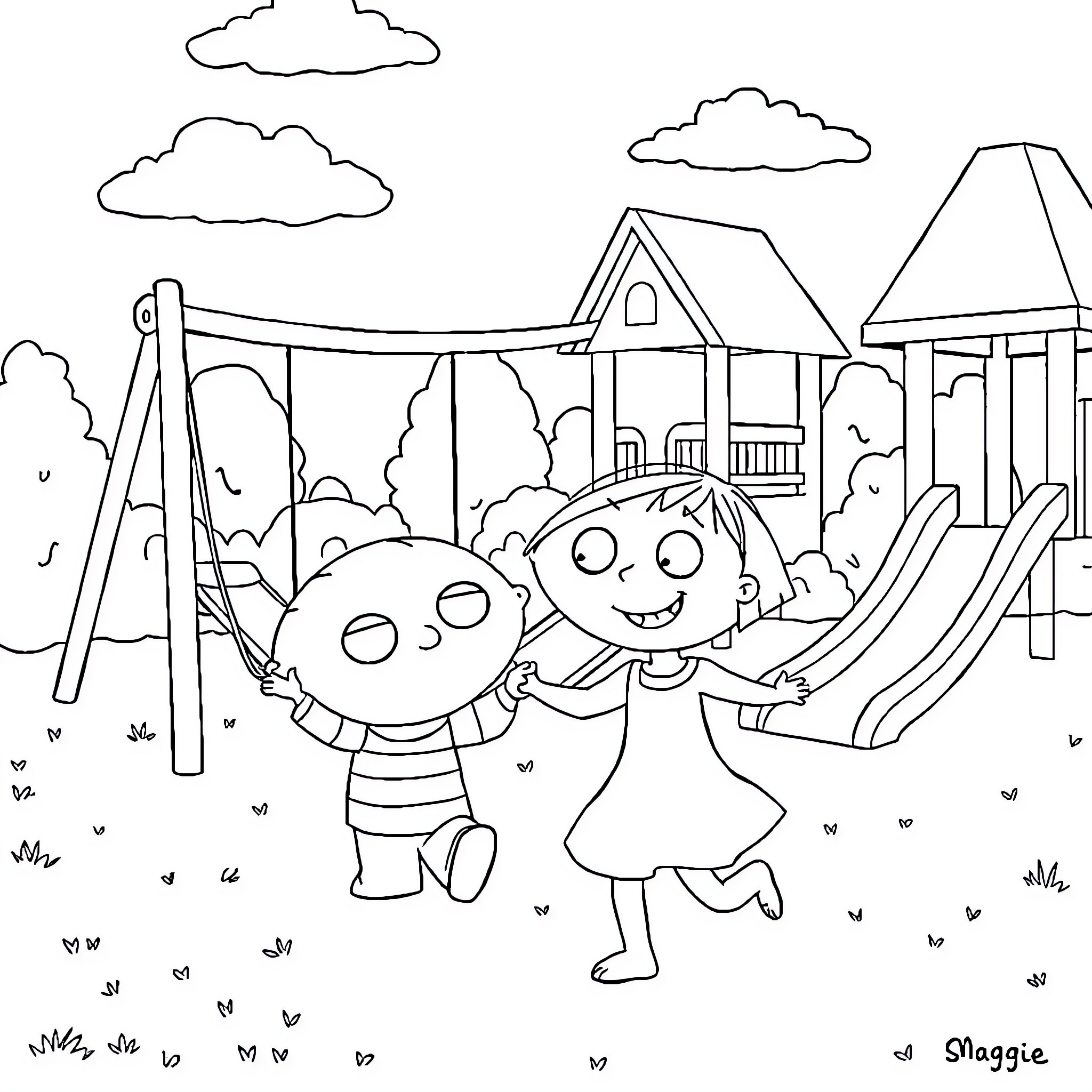 Stewie and Maggie play happily at the playground Coloring Page (free black-and-white line drawing printable PDF for all, from beginners to advanced learners, including children, teens, adults, and seniors)