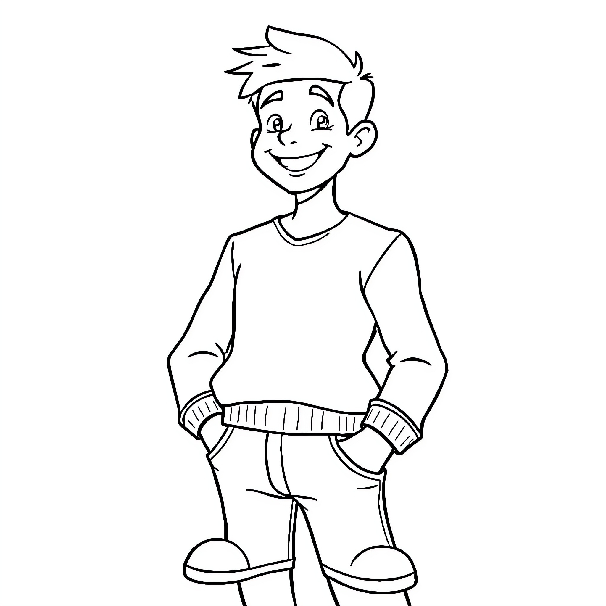 Me Smiling Cheerfully in Simple Outfit Coloring Page (free black-and-white line drawing printable PDF for all, from beginners to advanced learners, including children, teens, adults, and seniors)