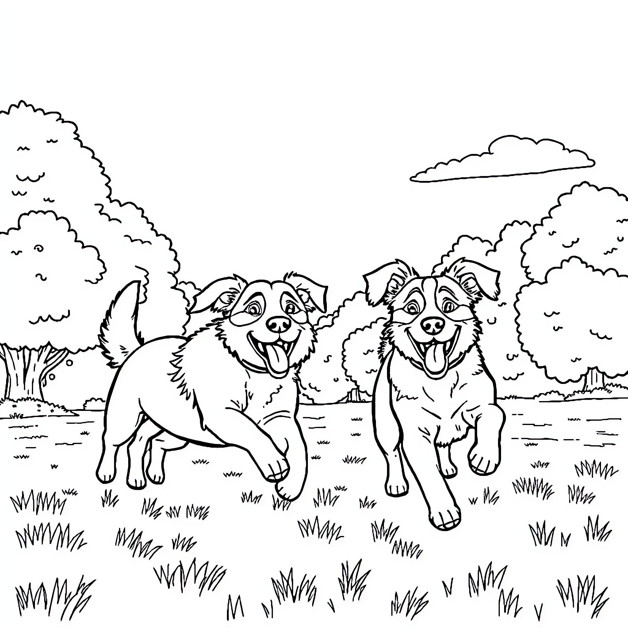 Dogs playing happily in nature Coloring Page (free black-and-white line drawing printable PDF for all, from beginners to advanced learners, including children, teens, adults, and seniors)
